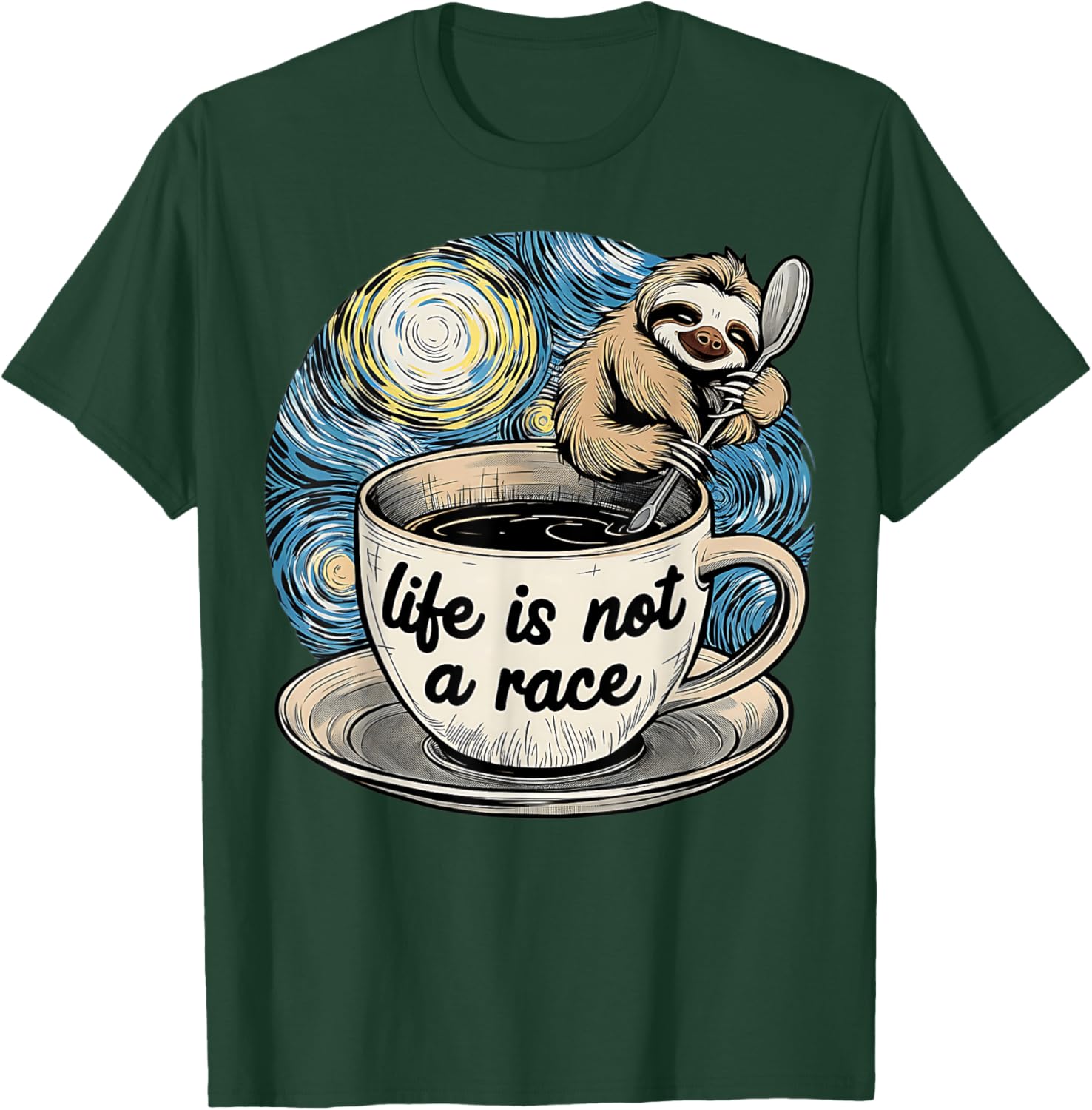 Van Gogh Starry Night Sloth Coffee T-Shirt Life Is Not A Race - 3