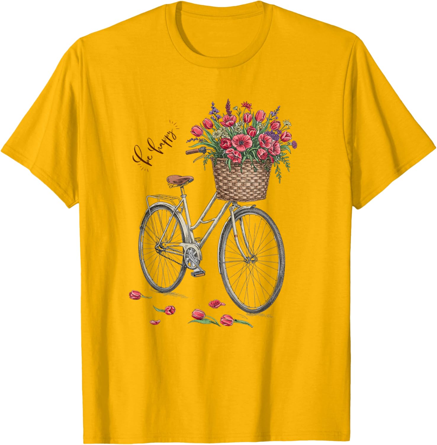 Vintage Bicycle Flower Basket Be Happy T-Shirt for Women Spring 2025 - 6
