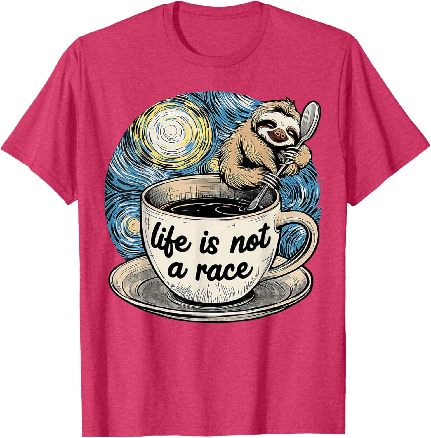 Van Gogh Starry Night Sloth Coffee T-Shirt Life Is Not A Race - 5