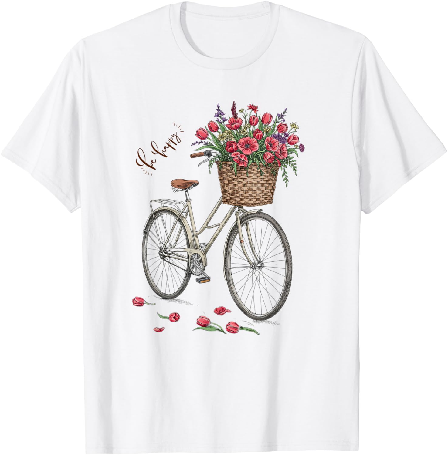 Vintage Bicycle Flower Basket Be Happy T-Shirt for Women Spring 2025 - 7