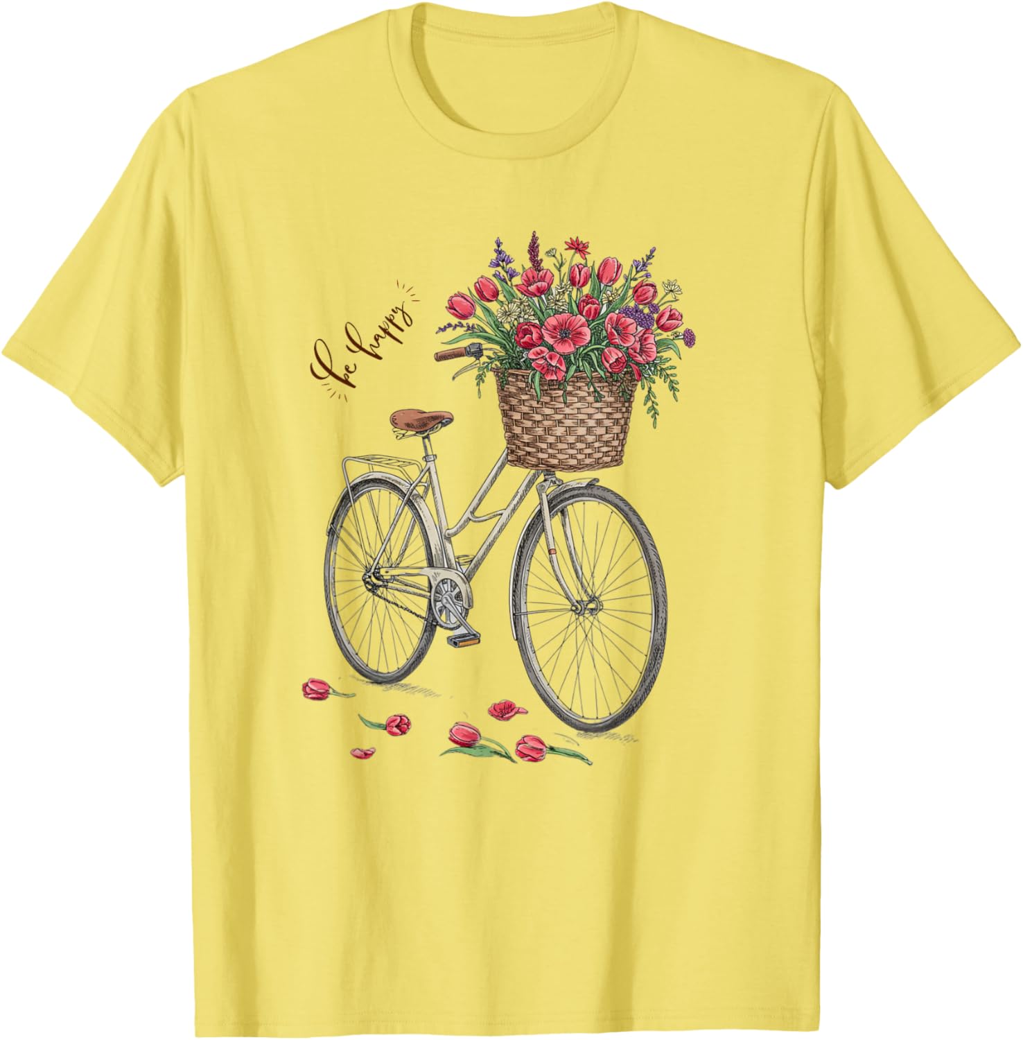 Vintage Bicycle Flower Basket Be Happy T-Shirt for Women Spring 2025 - 8