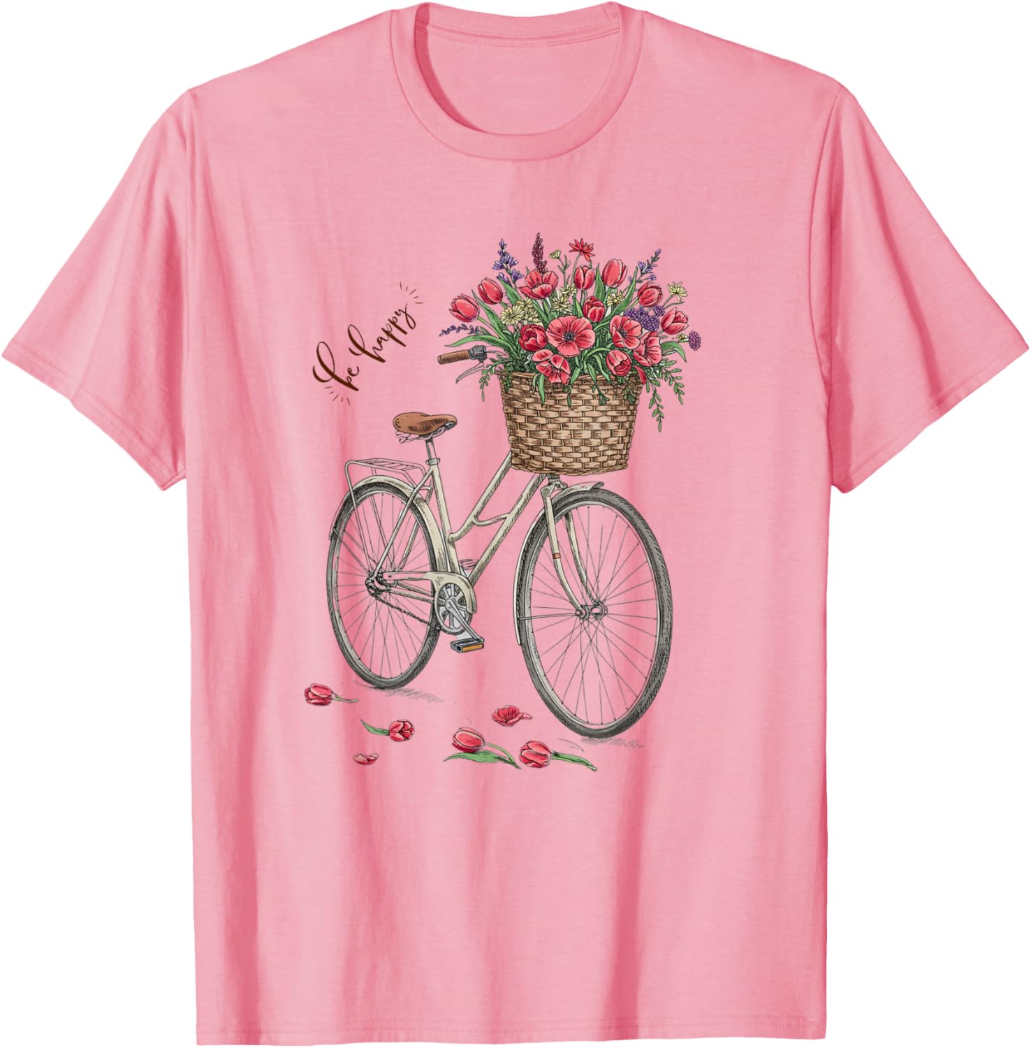 Vintage Bicycle Flower Basket Be Happy T-Shirt for Women Spring 2025 - 9