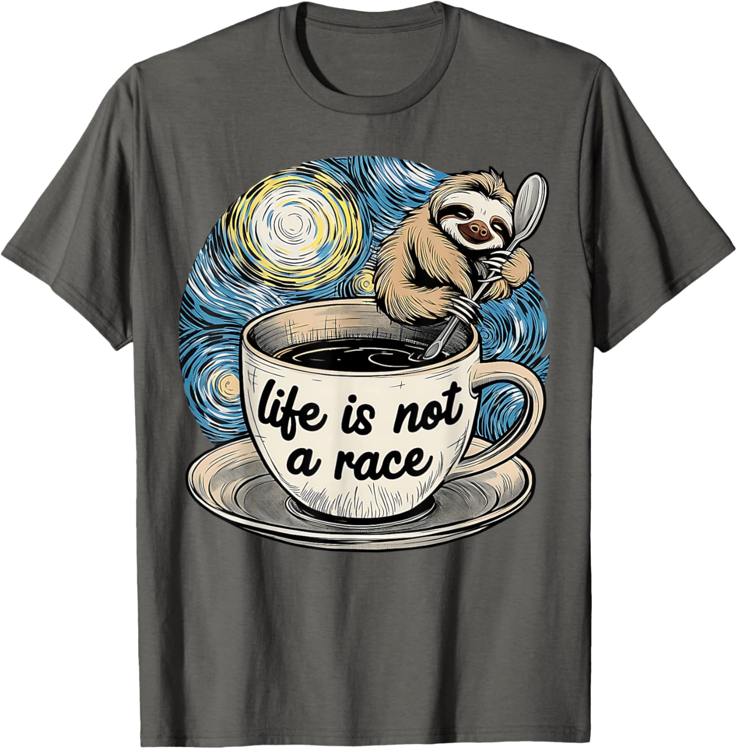 Van Gogh Starry Night Sloth Coffee T-Shirt Life Is Not A Race - 8