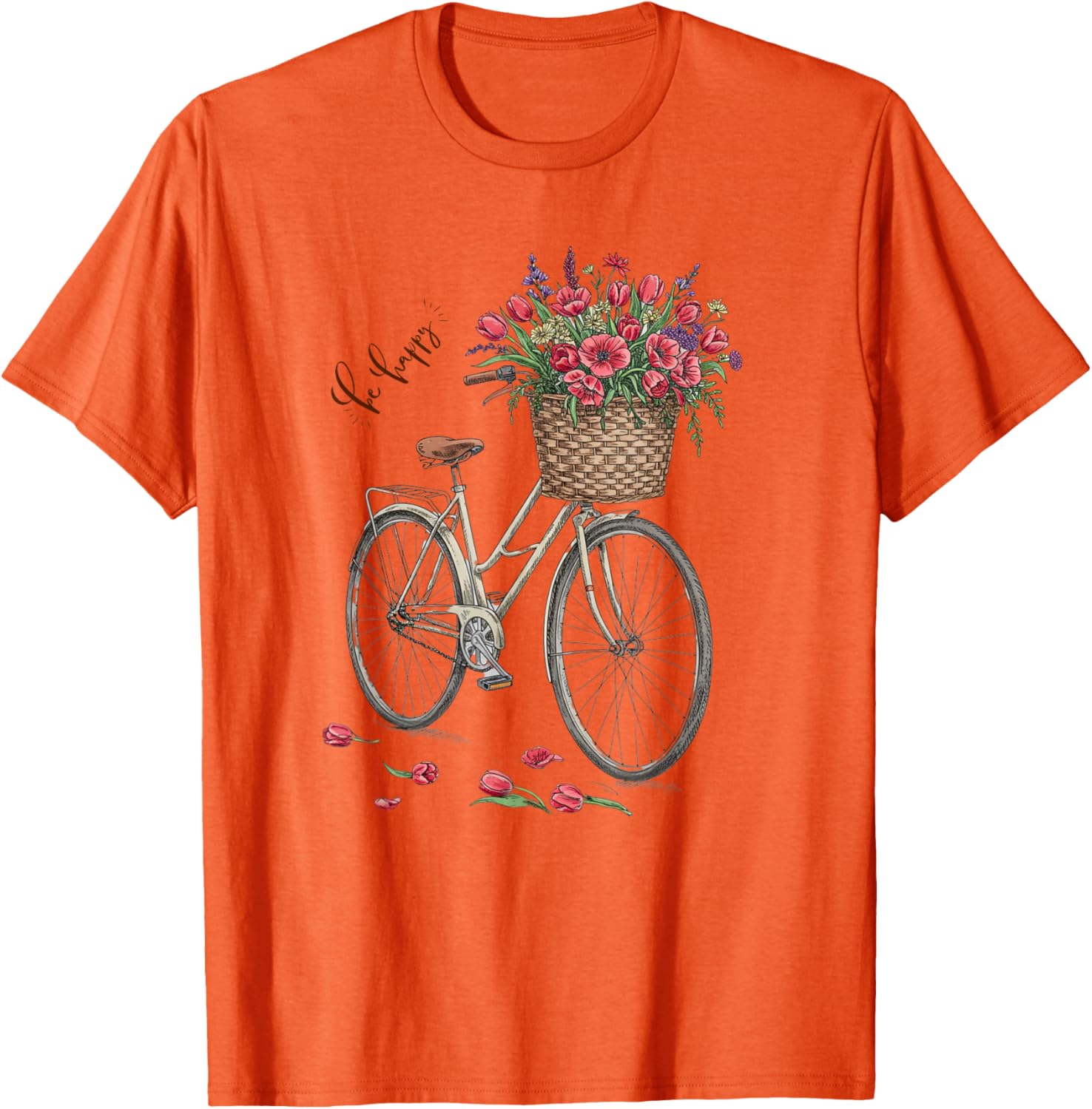 Vintage Bicycle Flower Basket Be Happy T-Shirt for Women Spring 2025 - 5