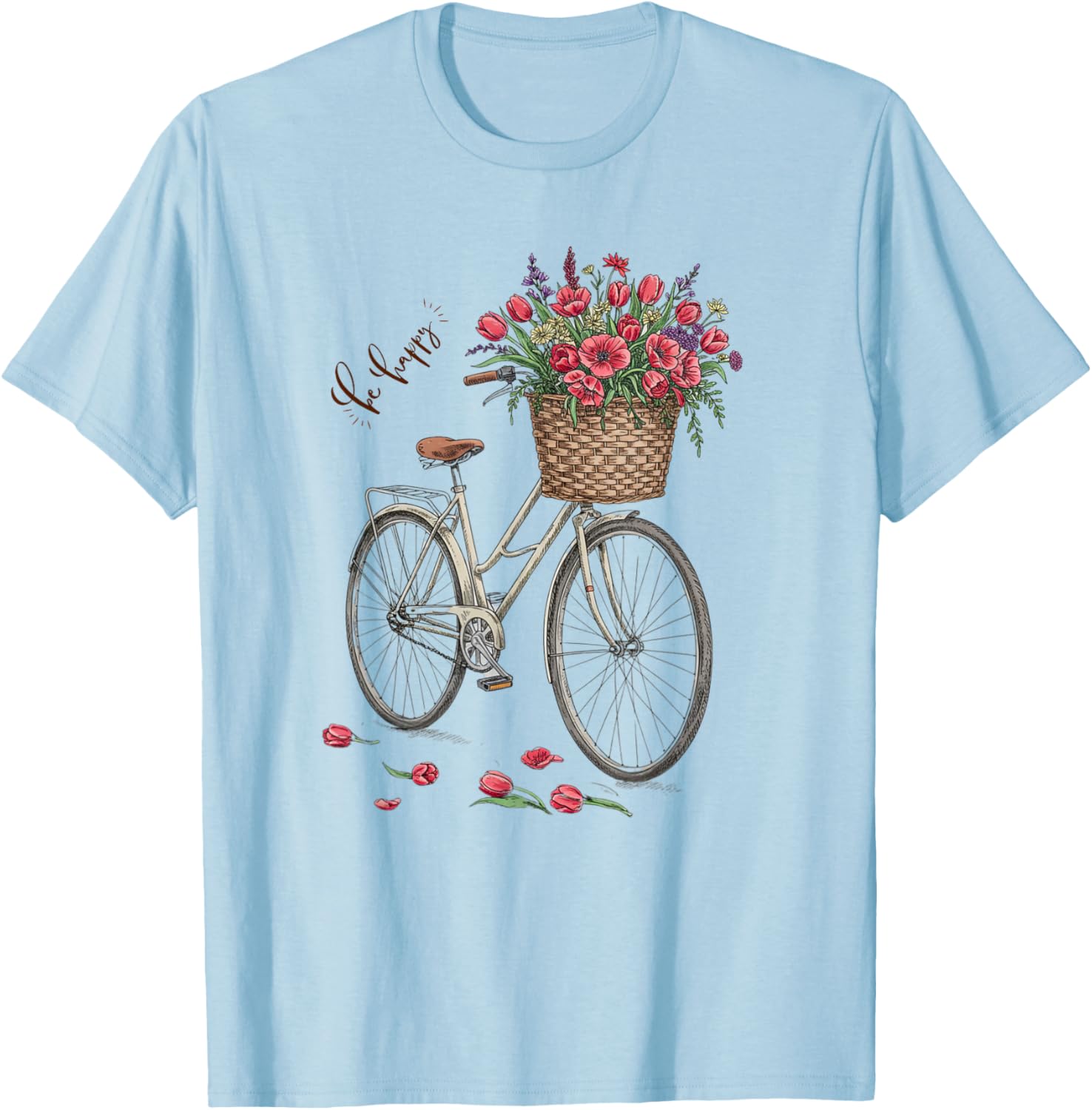 Vintage Bicycle Flower Basket Be Happy T-Shirt for Women Spring 2025 - 4