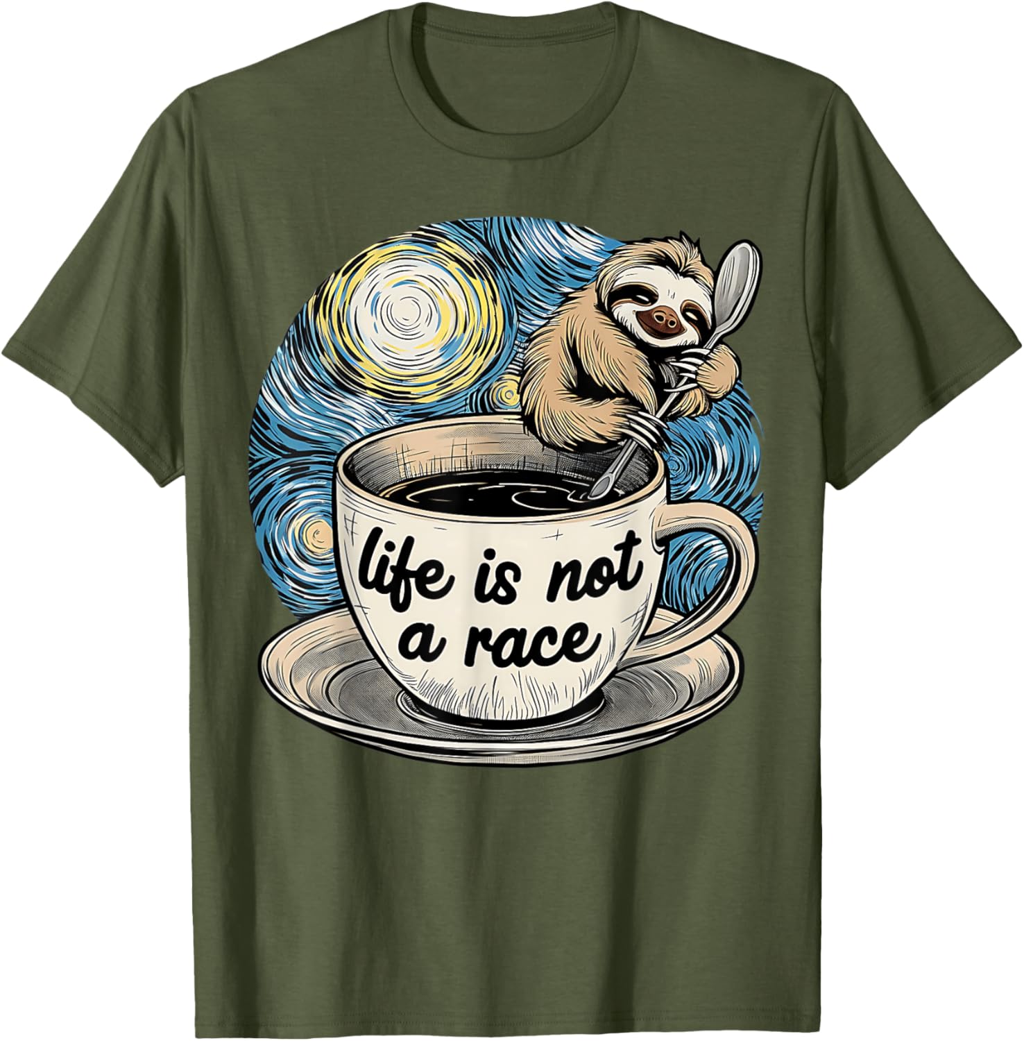 Van Gogh Starry Night Sloth Coffee T-Shirt Life Is Not A Race - 11