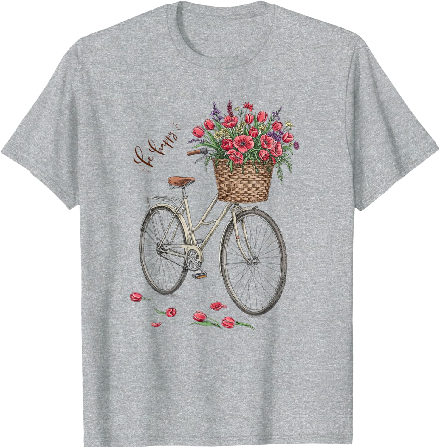 Vintage Bicycle Flower Basket Be Happy T-Shirt for Women Spring 2025 - 3