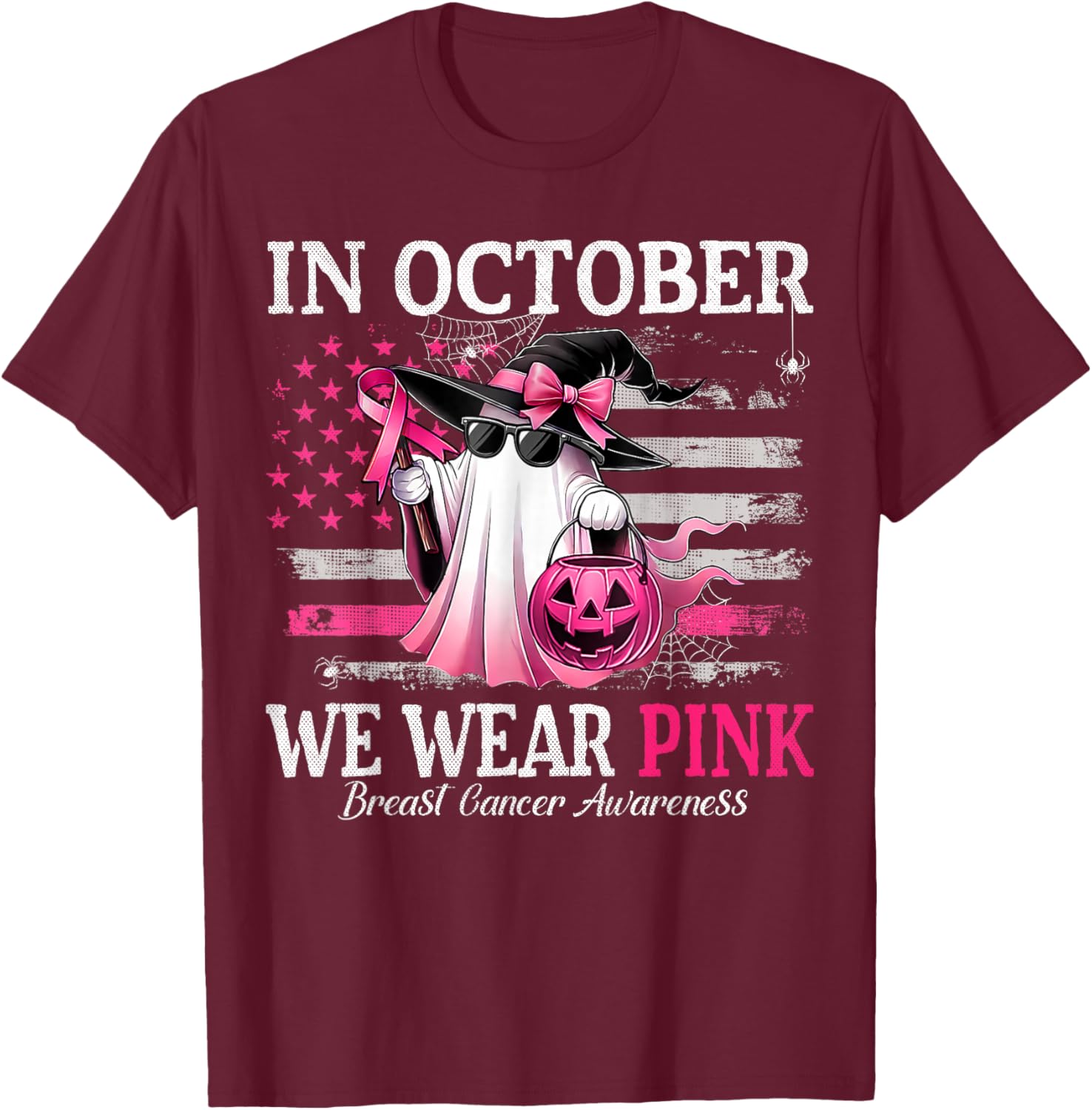 October Breast Cancer Awareness T-Shirt with Pink Ghost Witch Design - 8