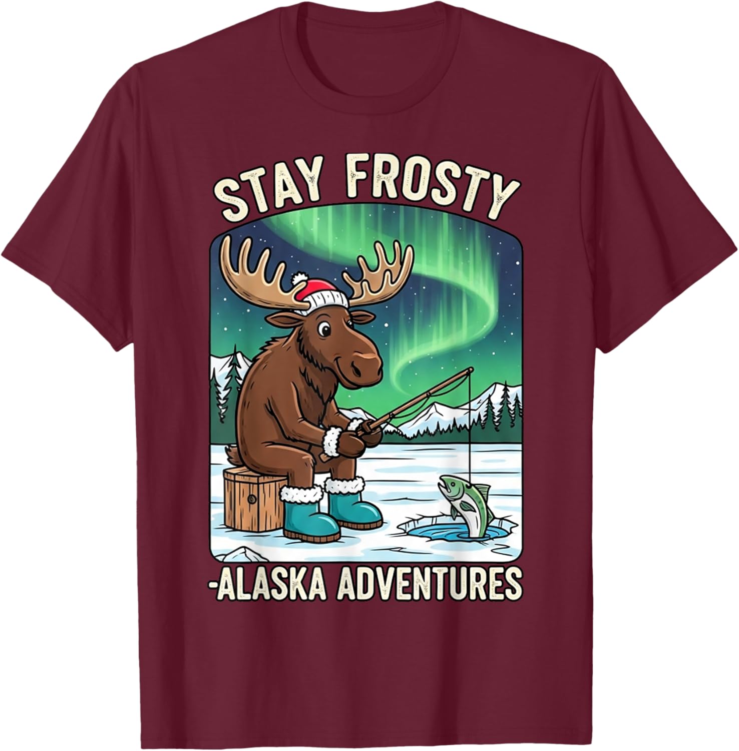 Stay Cold Frosty Moose Ice Fishing T-Shirt for Alaska Winter Adventures - 14