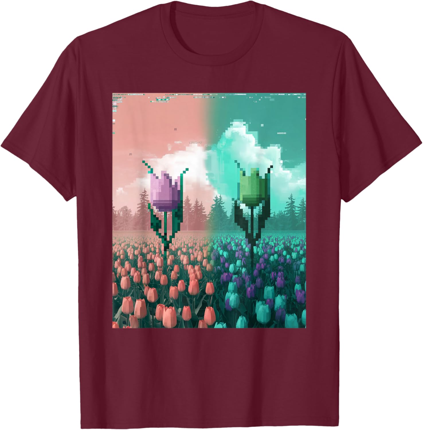 Pixel Tulip Retro Glitch Art T-Shirt for a Vibrant Easter Spring Look - 12