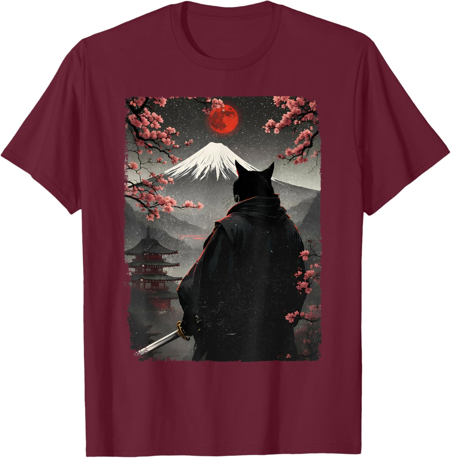 Samurai Cat Warrior Graphic T-Shirt with Blood Moon and Mount Fuji Design - 9