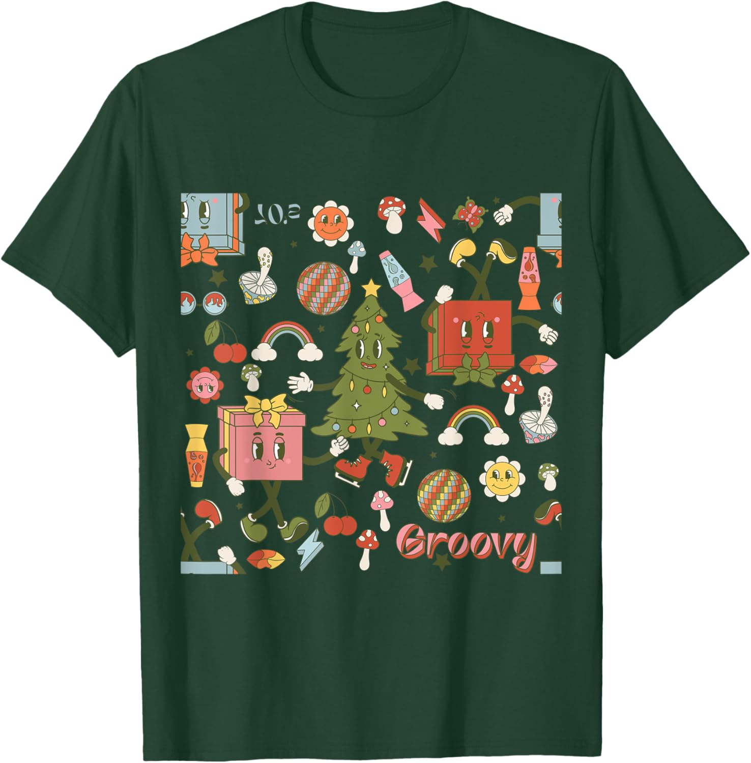 Retro 1970s Disco Christmas Tree Ugly Xmas T-Shirt for Fun Holiday Style - 16