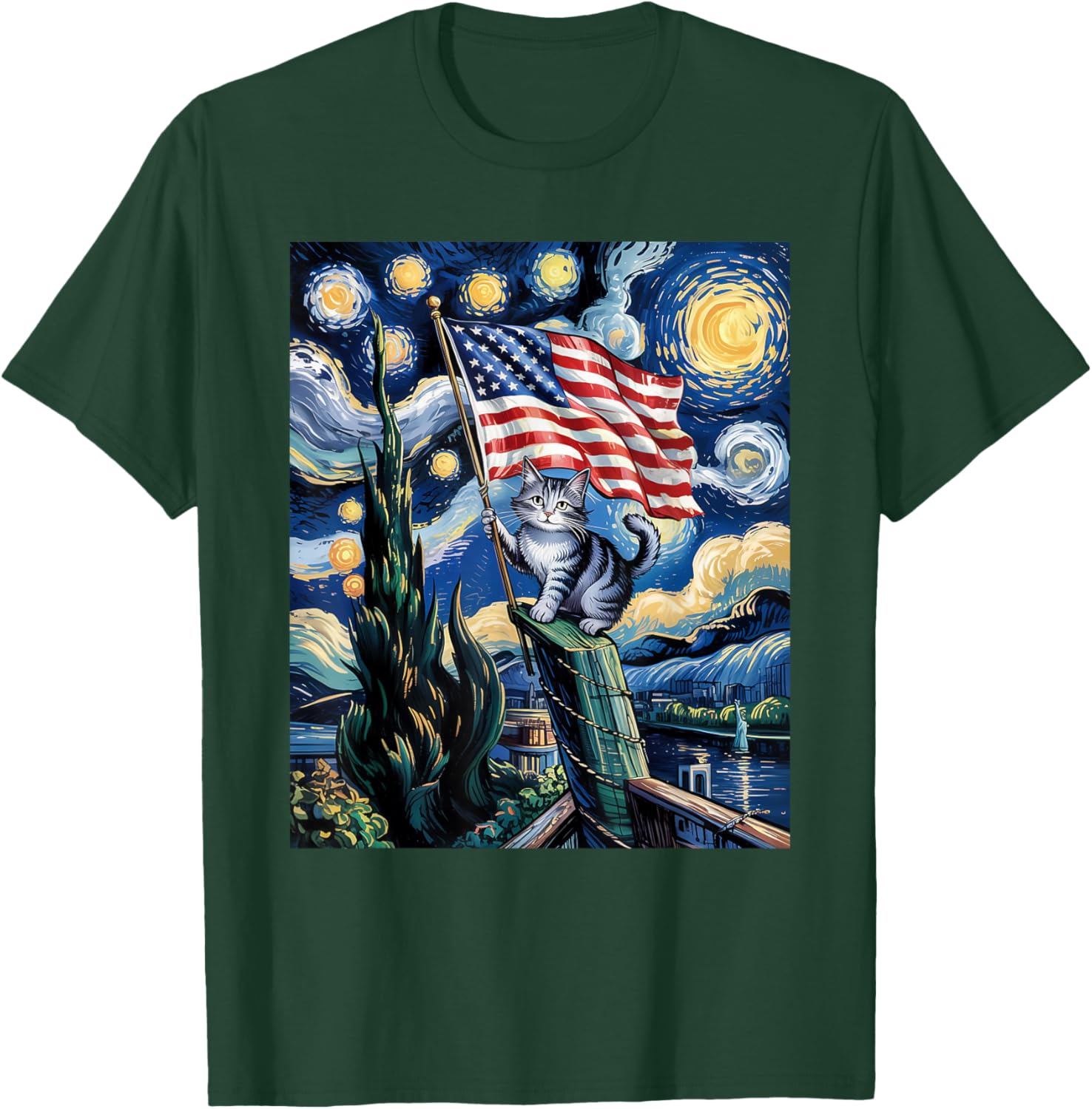 Starry Night Patriotic Cat T-Shirt for 4th of July Celebrate in Style - 7