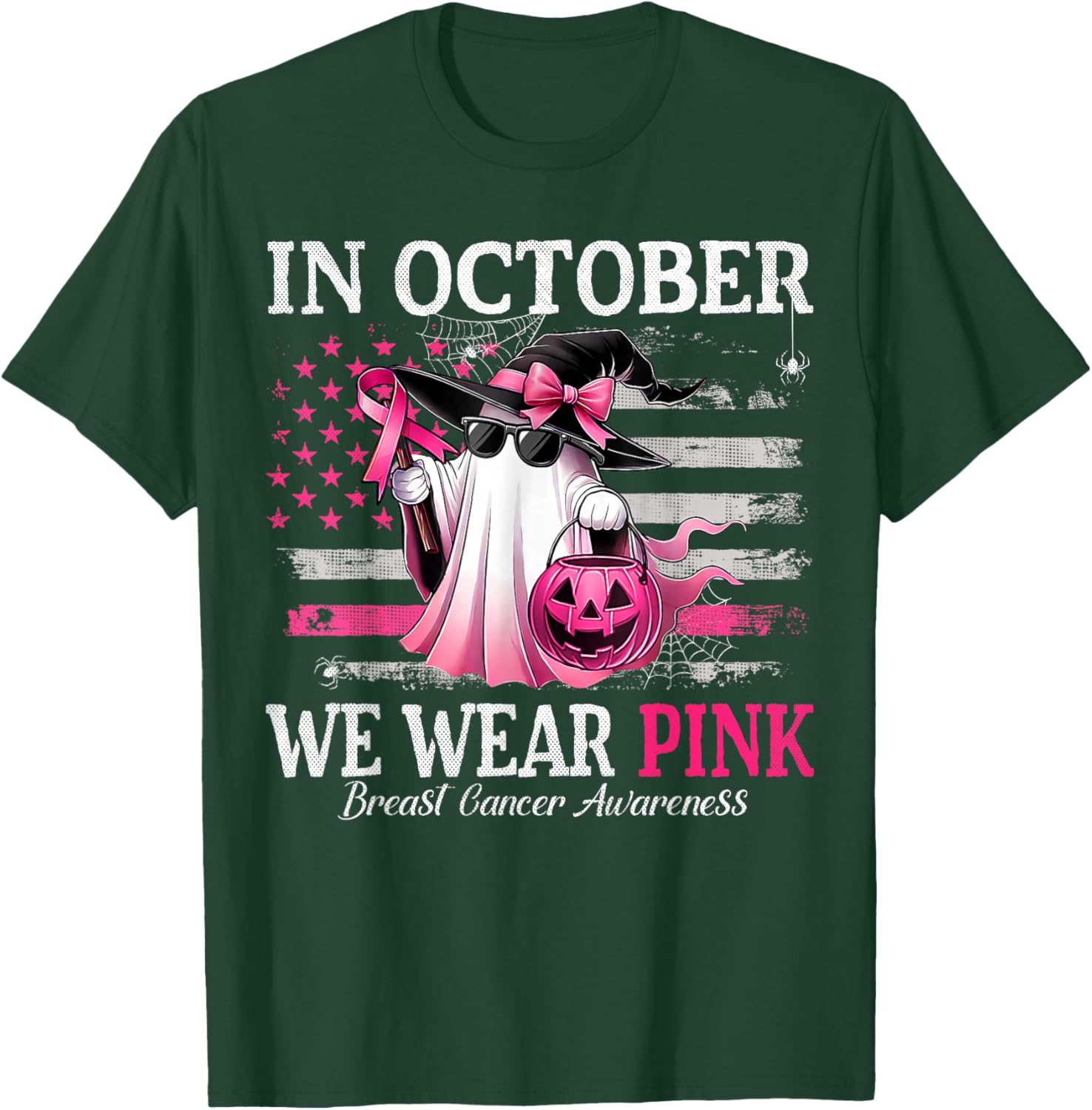 October Breast Cancer Awareness T-Shirt with Pink Ghost Witch Design - 18