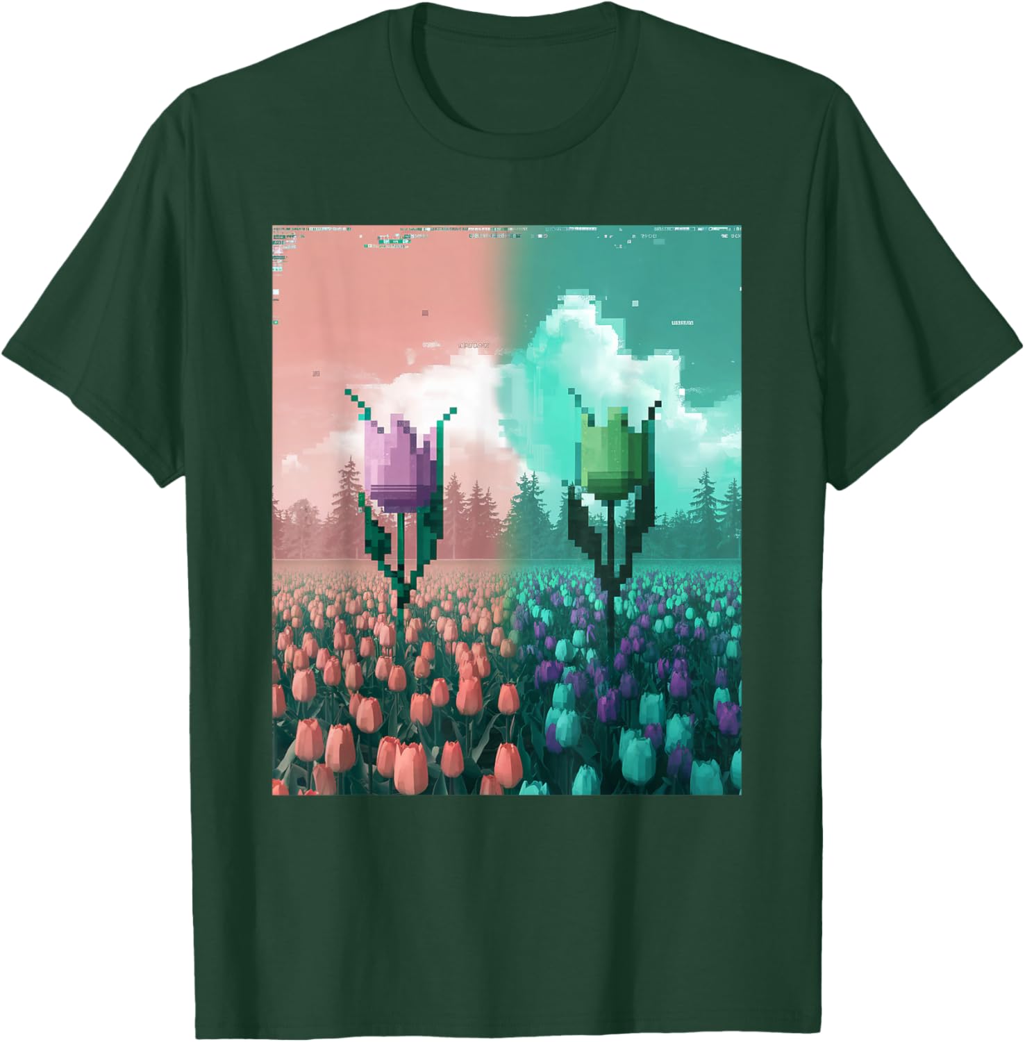 Pixel Tulip Retro Glitch Art T-Shirt for a Vibrant Easter Spring Look - 15
