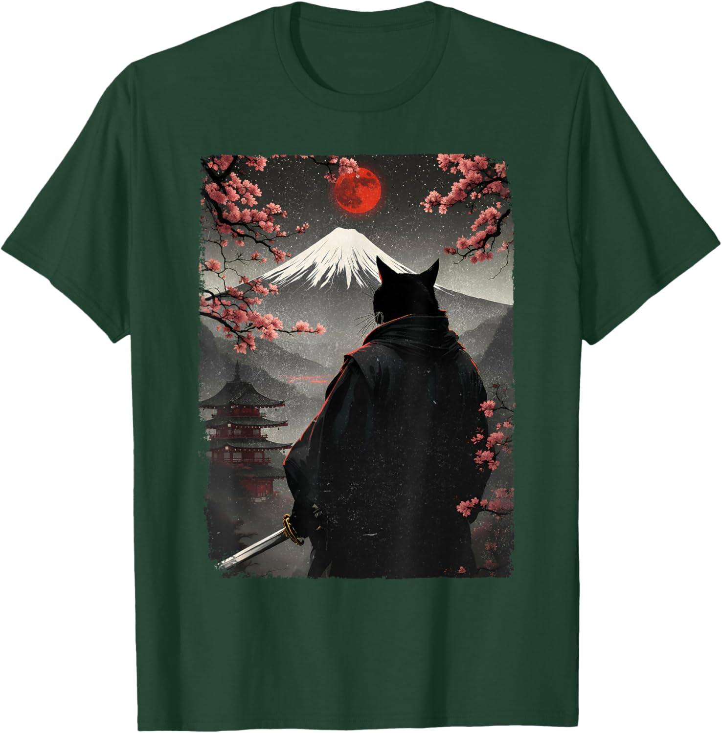 Samurai Cat Warrior Graphic T-Shirt with Blood Moon and Mount Fuji Design - 21