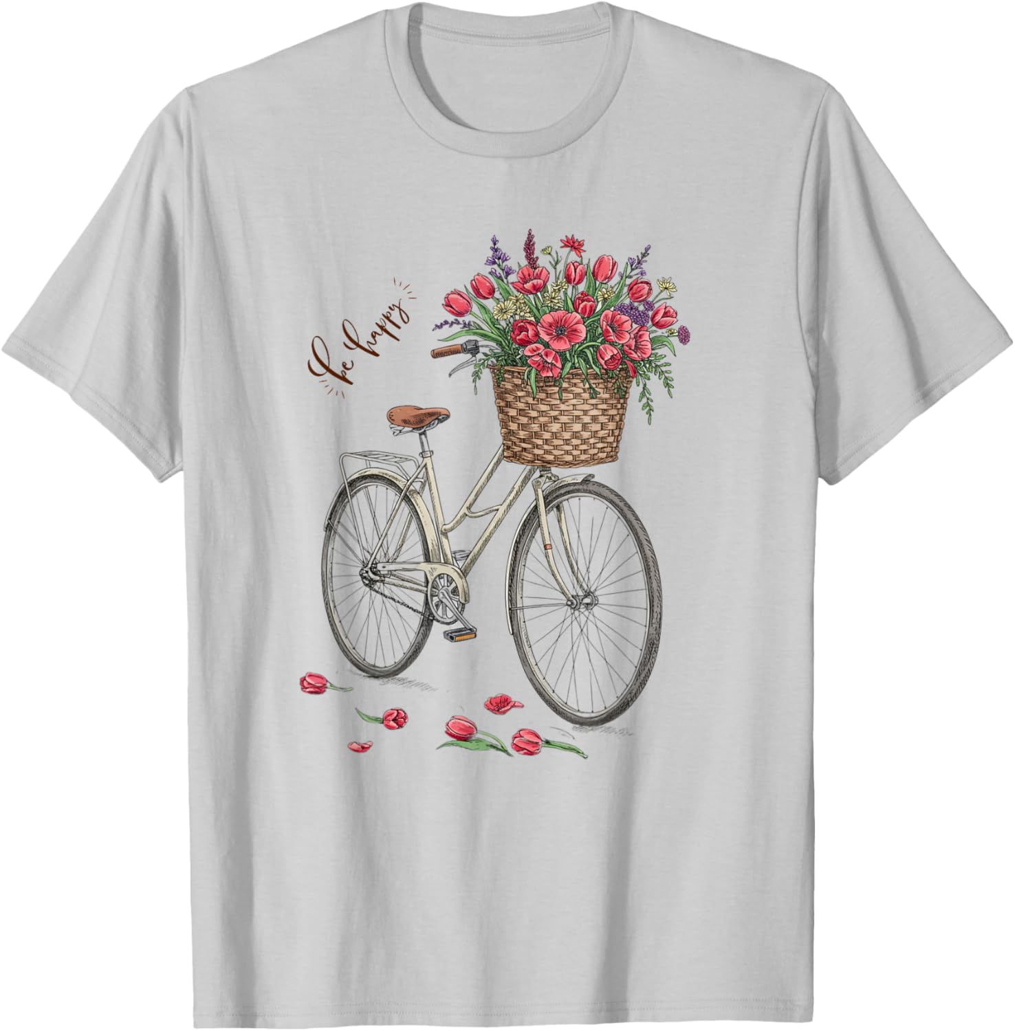 Vintage Bicycle Flower Basket Be Happy T-Shirt for Women Spring 2025 - 1