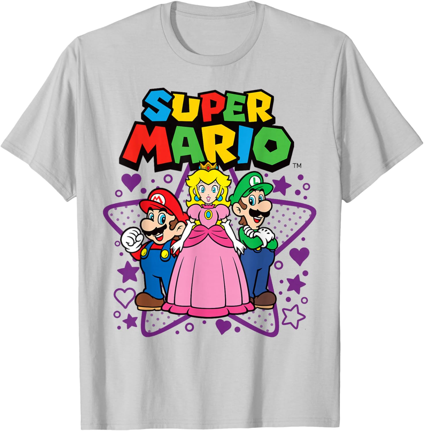 Super Mario Trio T-Shirt with Peach, Luigi, Stars, and Hearts Design - 1