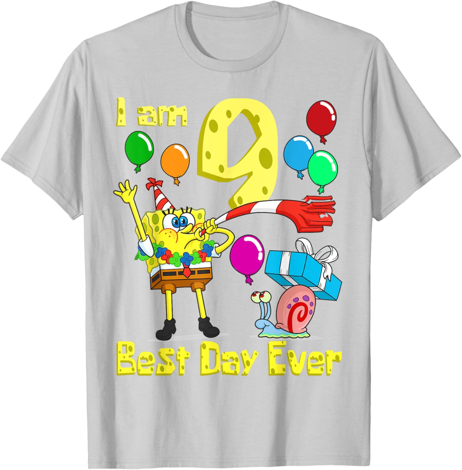 SpongeBob I Am 9 Years Old Birthday Party T-Shirt for Kids Fun Gift - 1