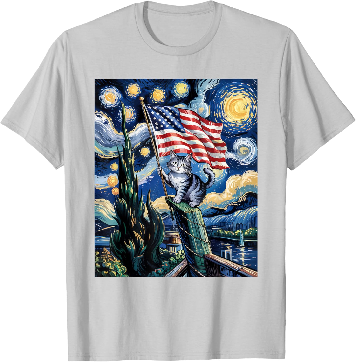 Starry Night Patriotic Cat T-Shirt for 4th of July Celebrate in Style - 16