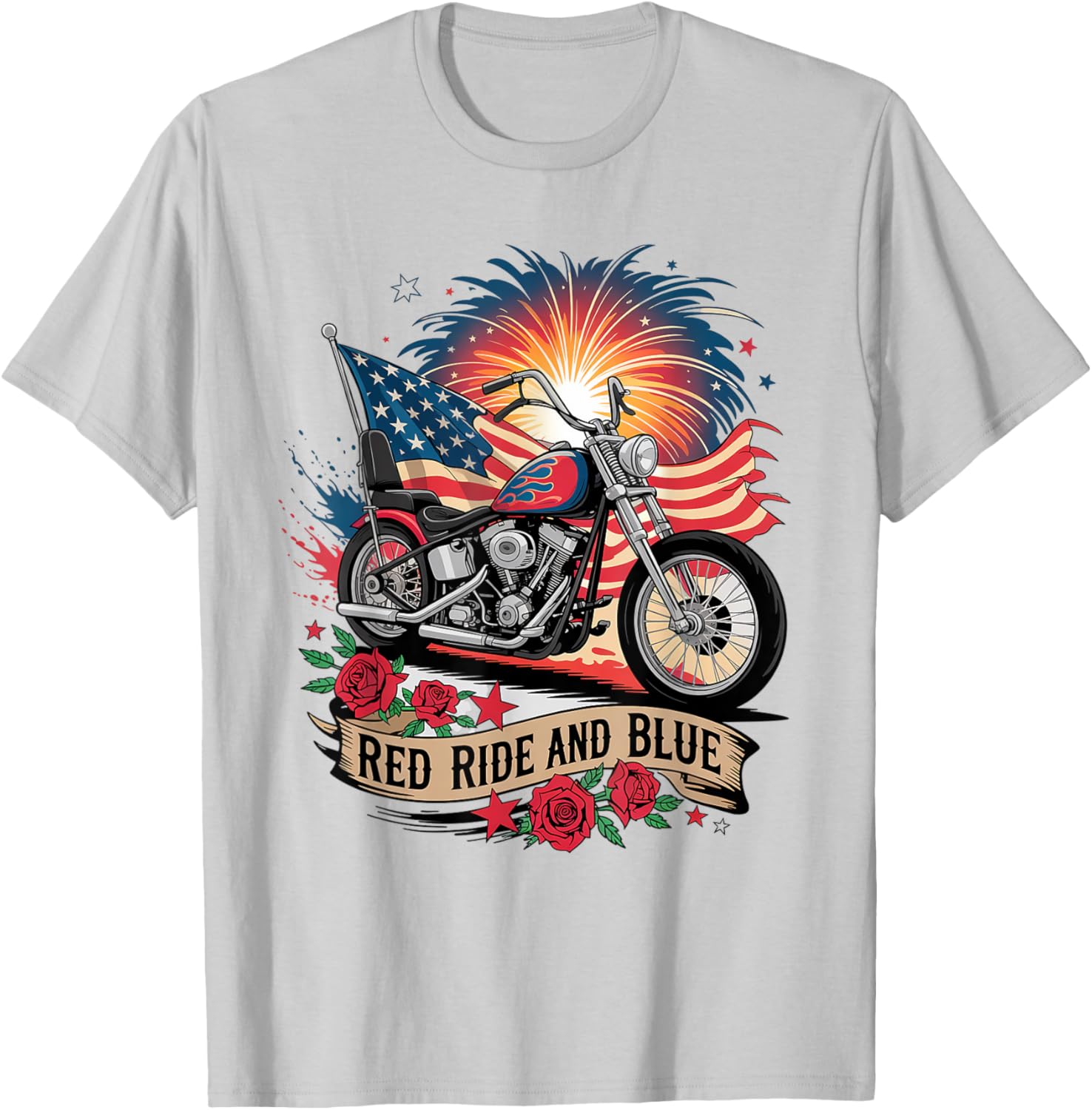 Patriotic USA Biker T-Shirt with Red Ride & Blue American Flag Design - 1