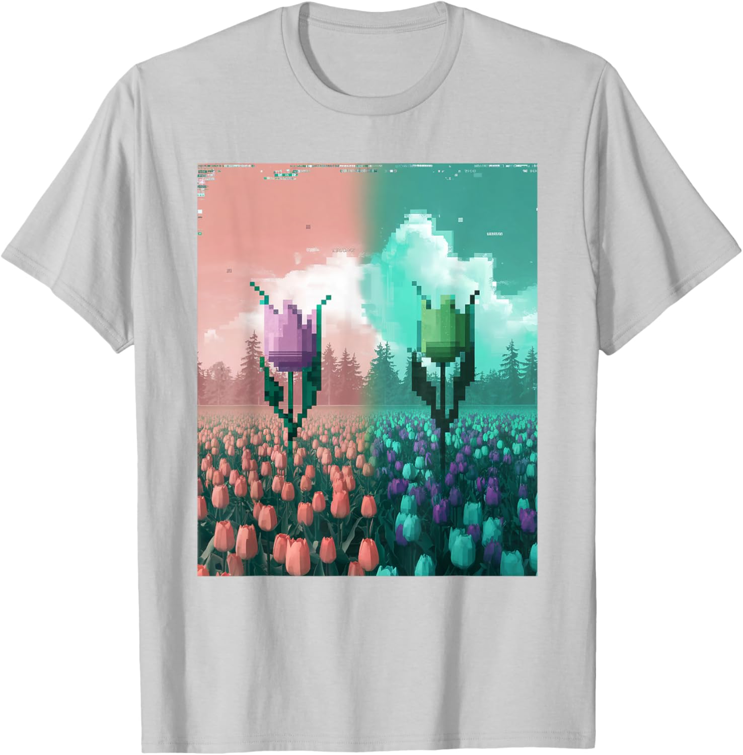 Pixel Tulip Retro Glitch Art T-Shirt for a Vibrant Easter Spring Look - 21