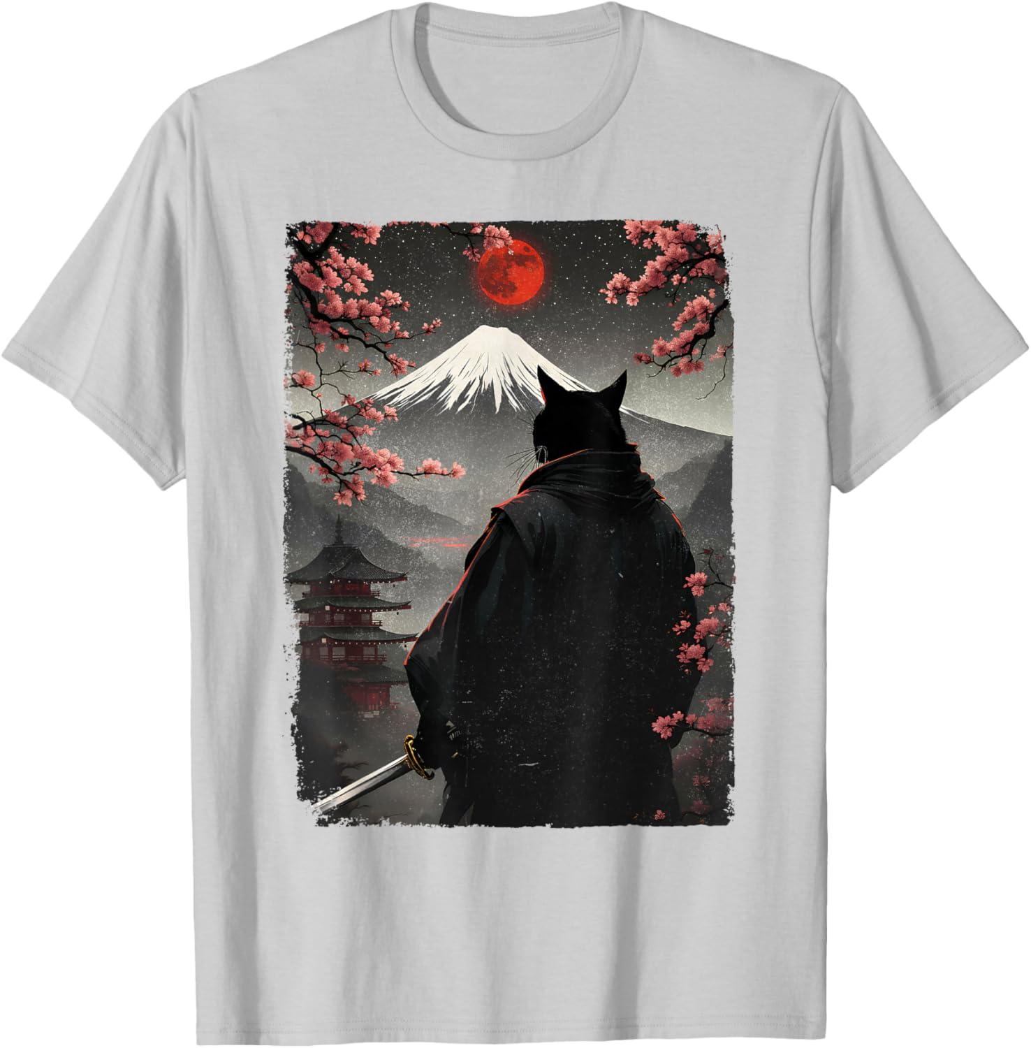 Samurai Cat Warrior Graphic T-Shirt with Blood Moon and Mount Fuji Design - 15