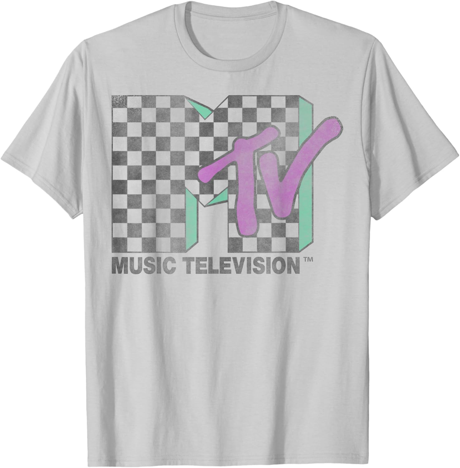 Retro MTV Checkered Distressed Logo Short Sleeve T-Shirt for Trendy Style - 1