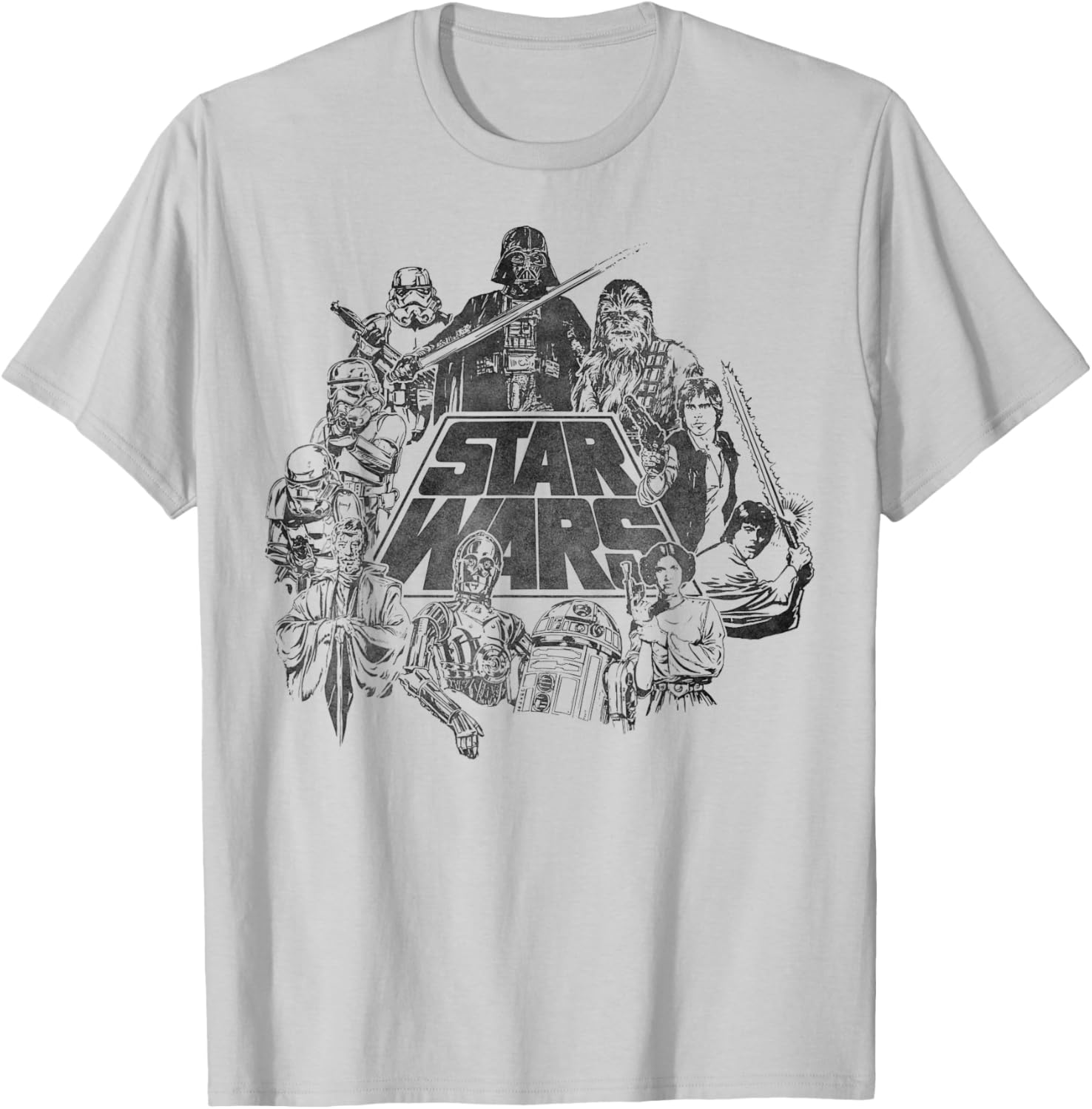 Star Wars Vintage Line Art T-Shirt Featuring Classic Characters - 3