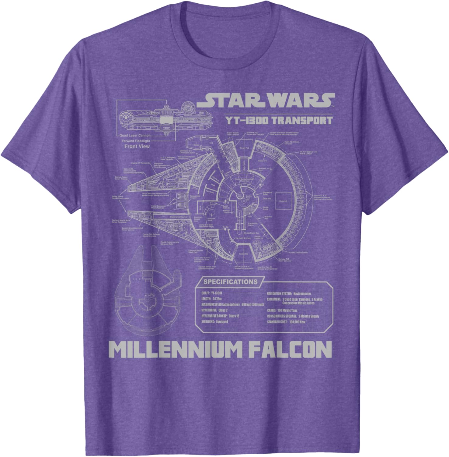Star Wars Millennium Falcon Grey Schematics Graphic T-Shirt for Fans - 3