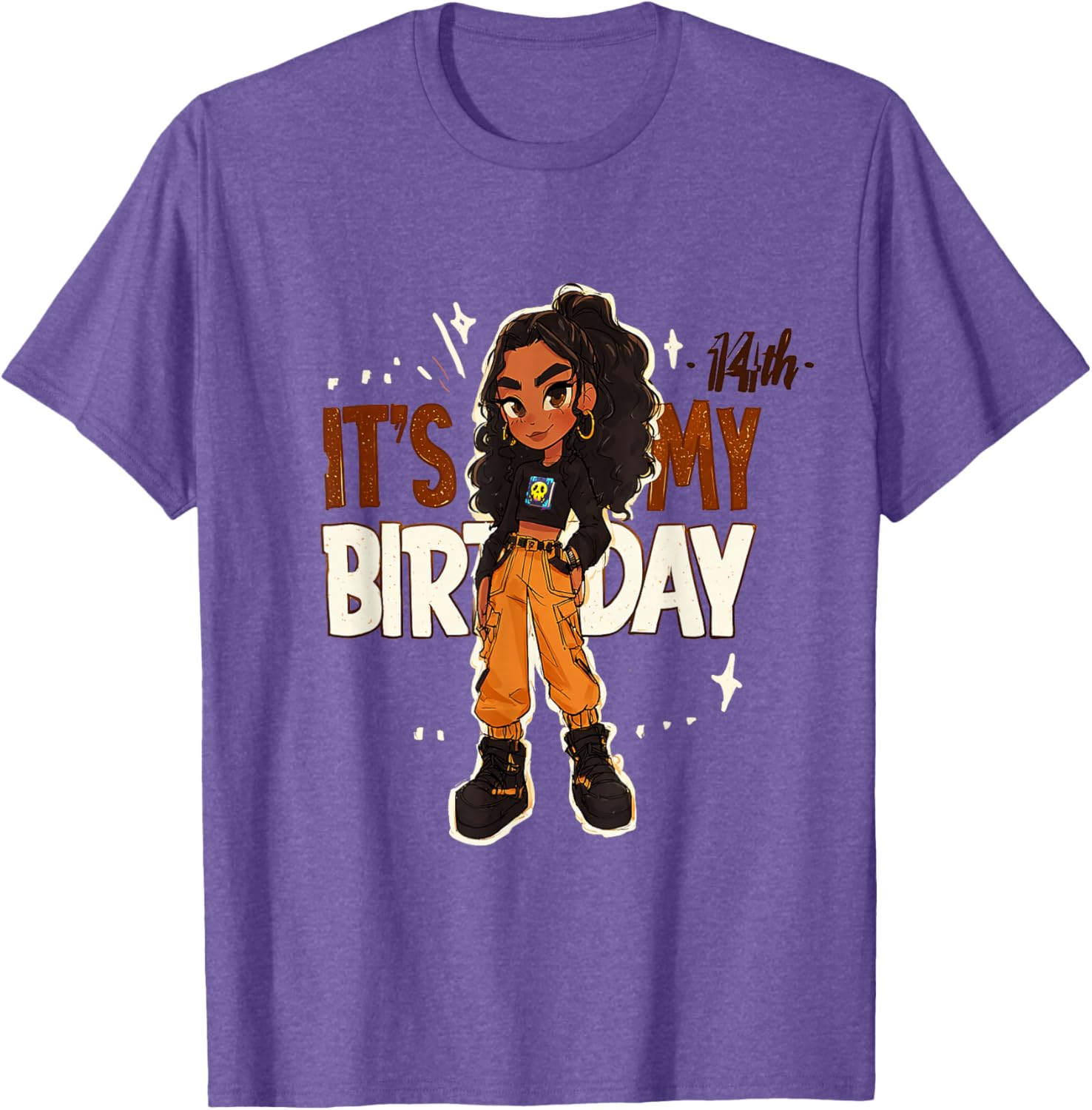 14th Birthday Girl Outfit with Cargo Pants and Curly Hair Art T-Shirt - 13