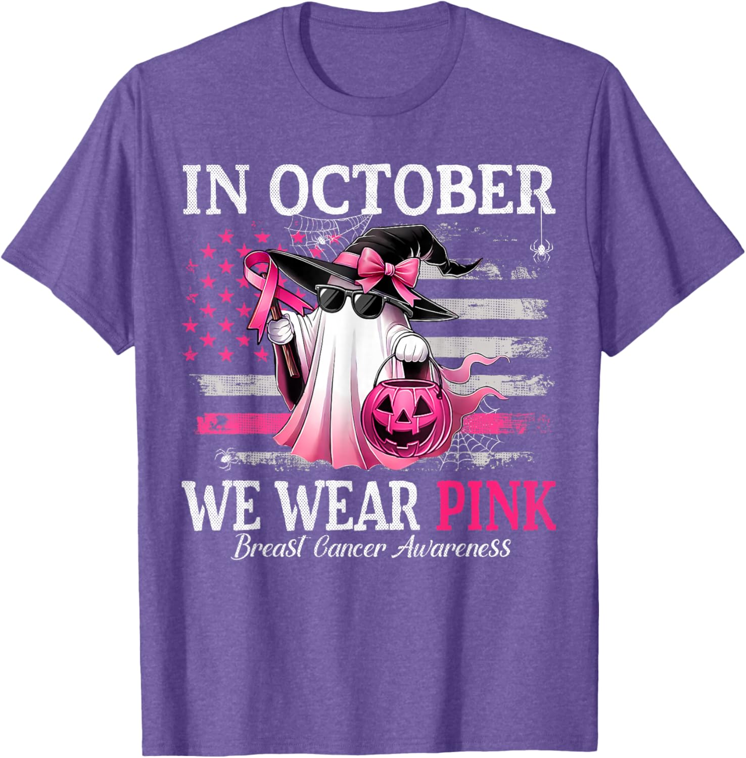 October Breast Cancer Awareness T-Shirt with Pink Ghost Witch Design - 14