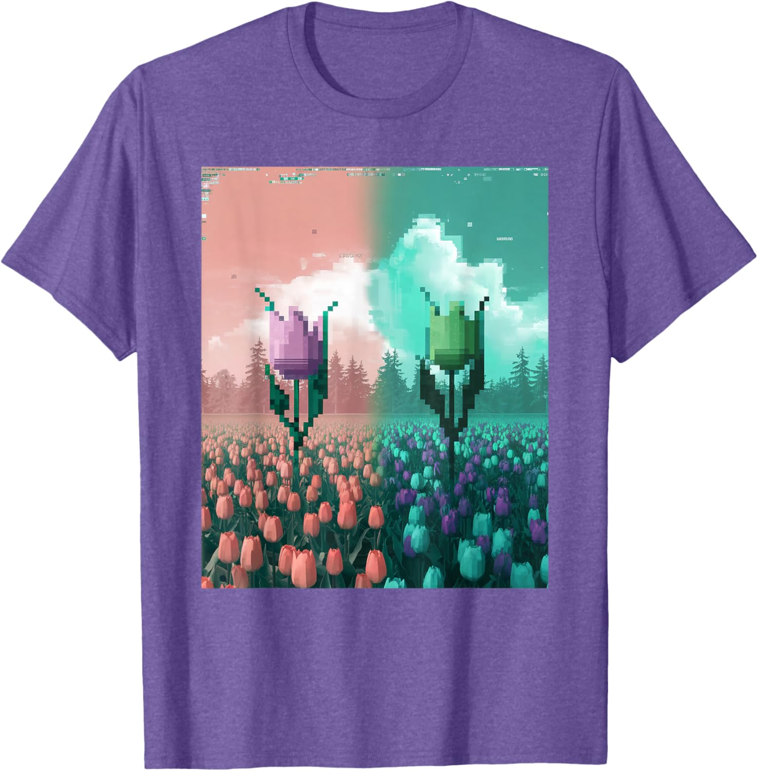 Pixel Tulip Retro Glitch Art T-Shirt for a Vibrant Easter Spring Look - 25