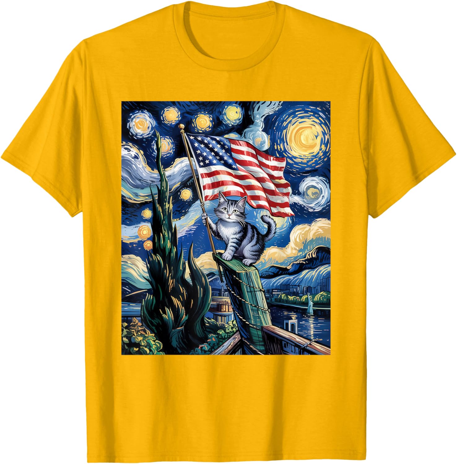 Starry Night Patriotic Cat T-Shirt for 4th of July Celebrate in Style - 17