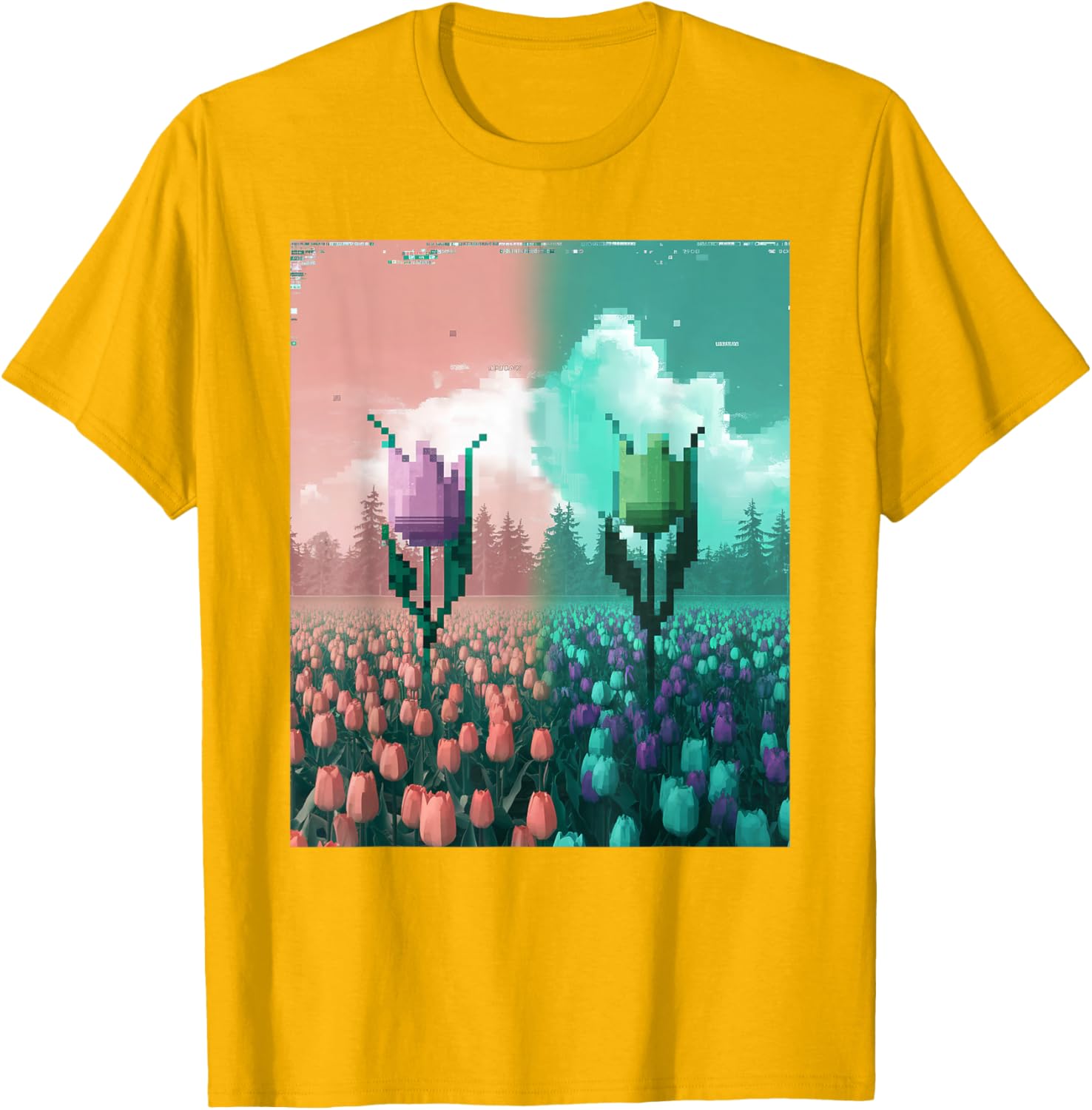 Pixel Tulip Retro Glitch Art T-Shirt for a Vibrant Easter Spring Look - 29