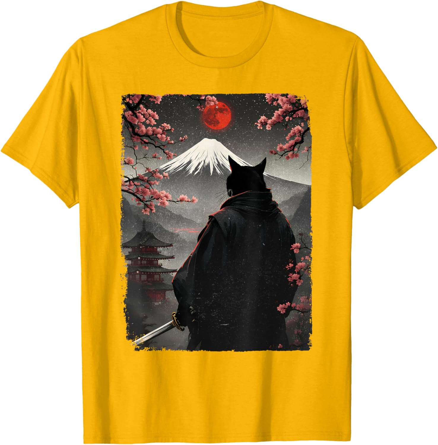 Samurai Cat Warrior Graphic T-Shirt with Blood Moon and Mount Fuji Design - 25