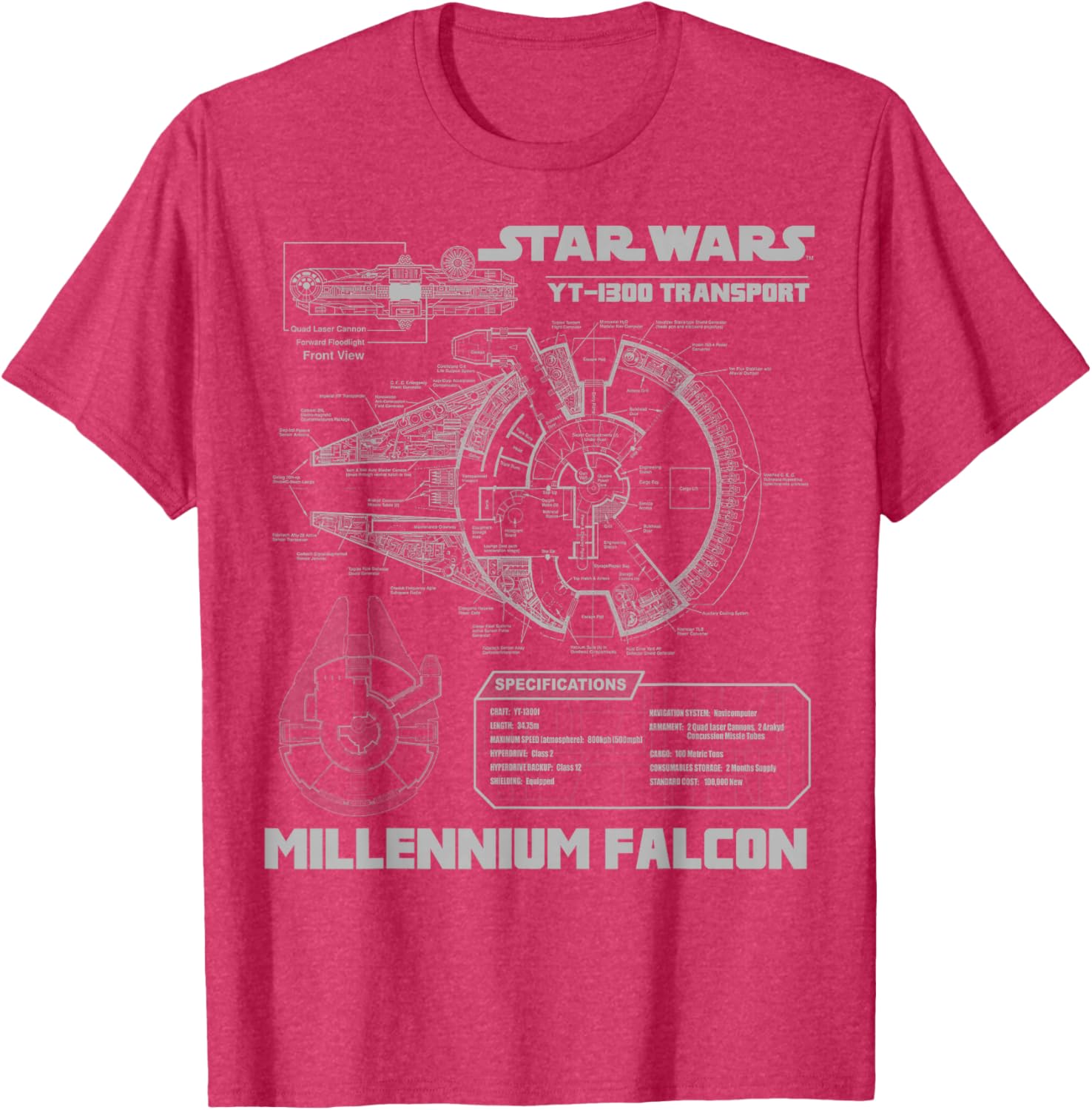 Star Wars Millennium Falcon Grey Schematics Graphic T-Shirt for Fans - 9