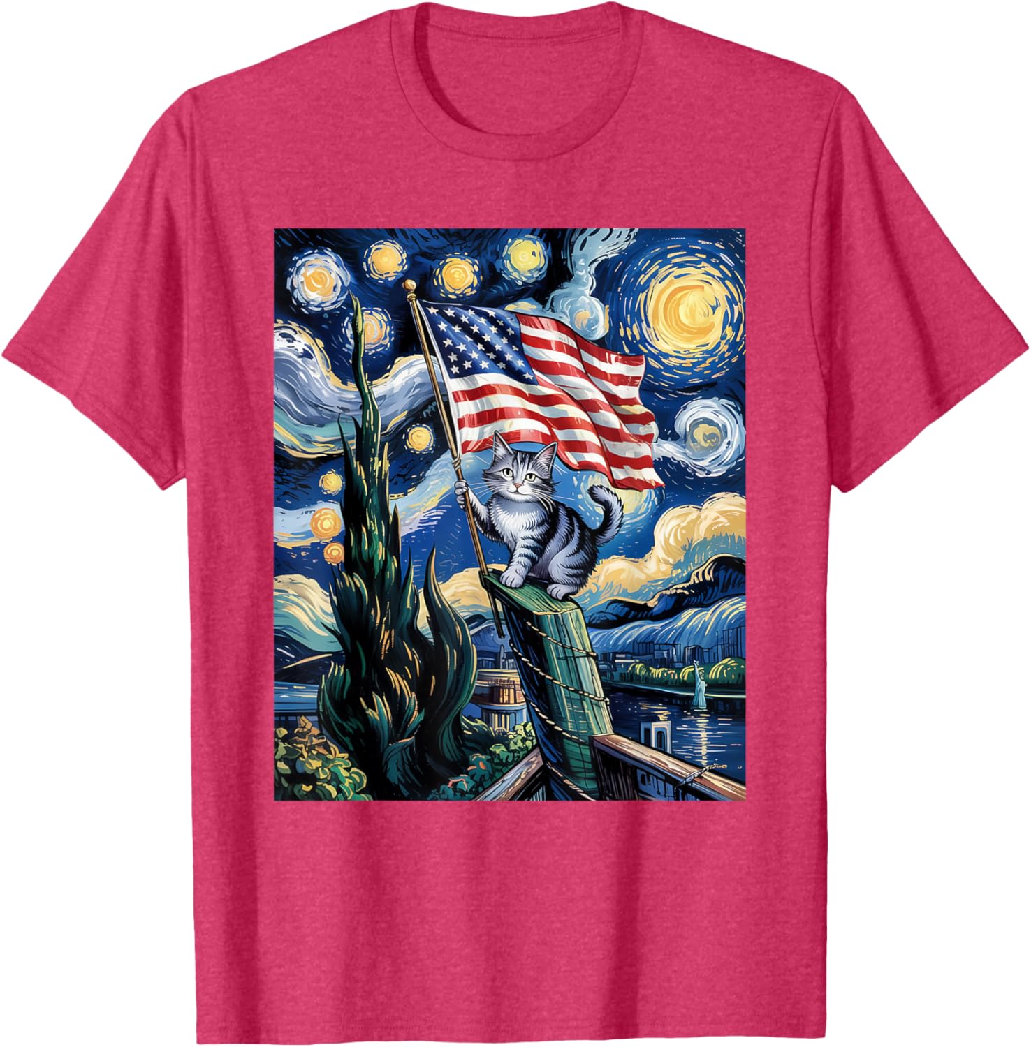 Starry Night Patriotic Cat T-Shirt for 4th of July Celebrate in Style - 13