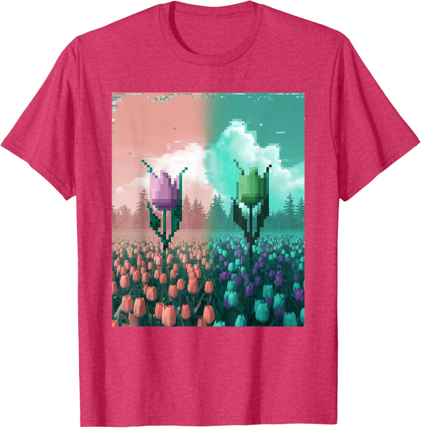 Pixel Tulip Retro Glitch Art T-Shirt for a Vibrant Easter Spring Look - 9
