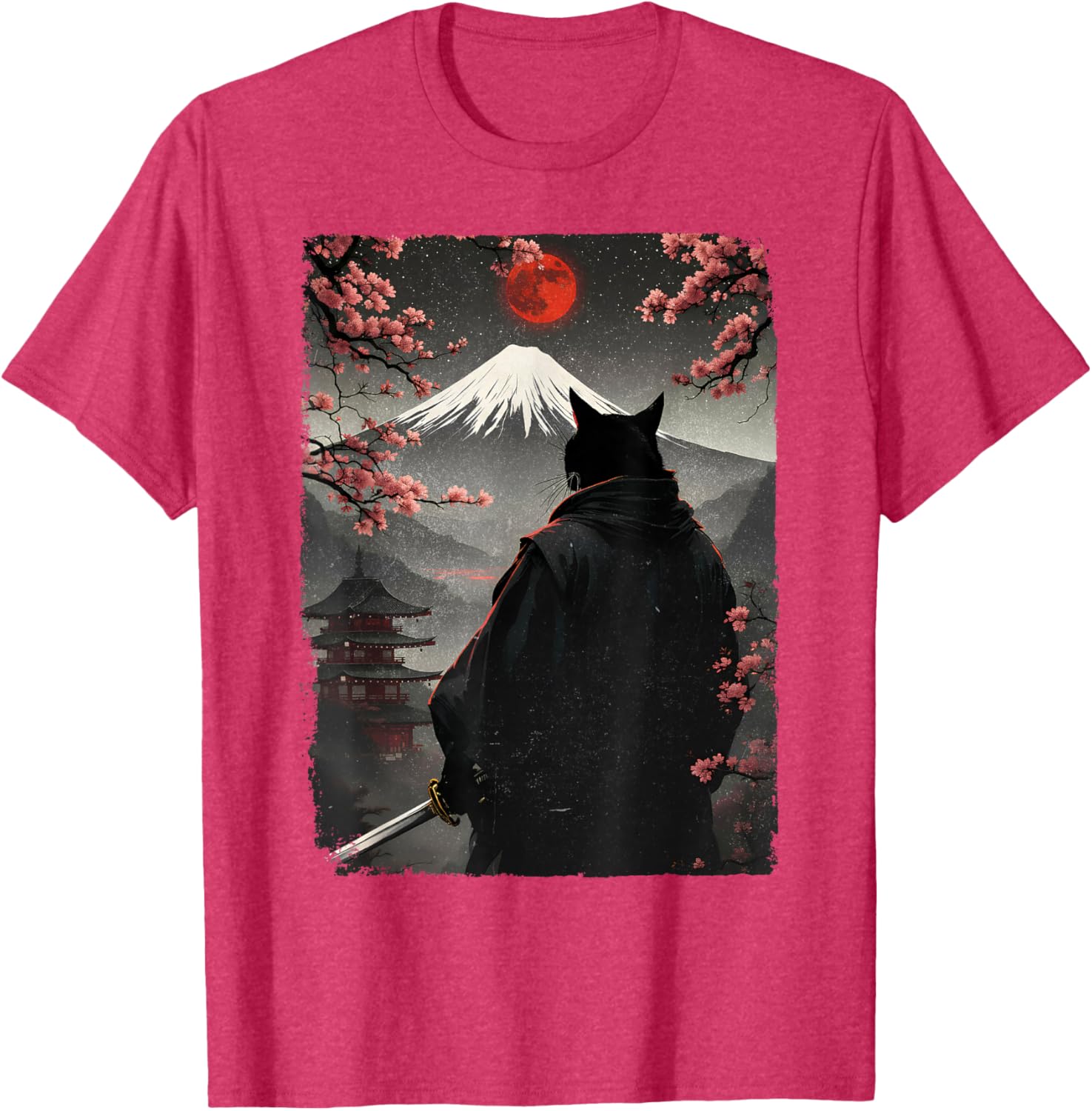 Samurai Cat Warrior Graphic T-Shirt with Blood Moon and Mount Fuji Design - 10