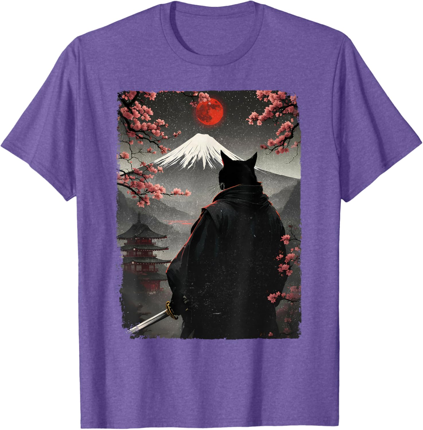 Samurai Cat Warrior Graphic T-Shirt with Blood Moon and Mount Fuji Design - 5