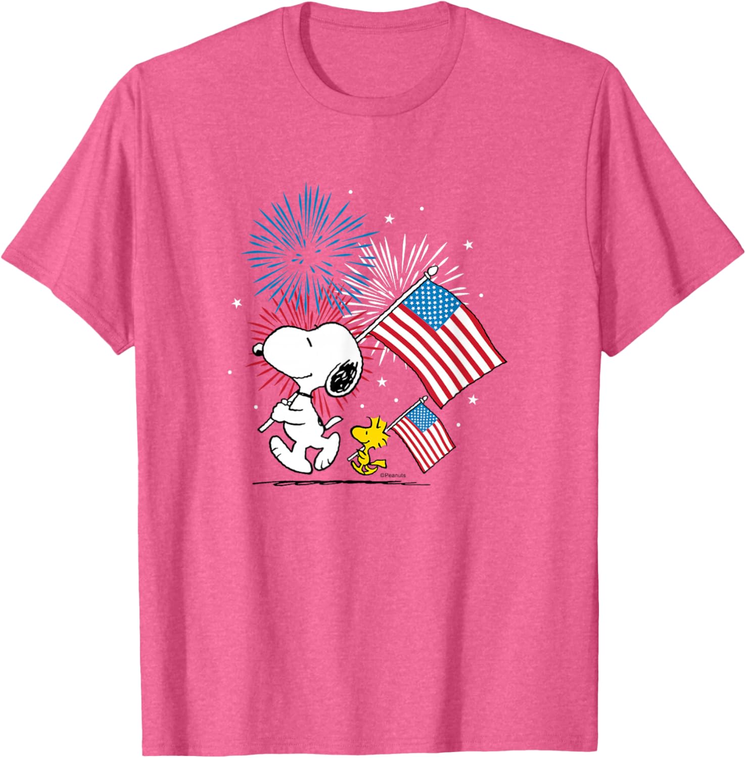 Snoopy and Woodstock American Flags Fireworks T-Shirt for Fun Celebrations - 7