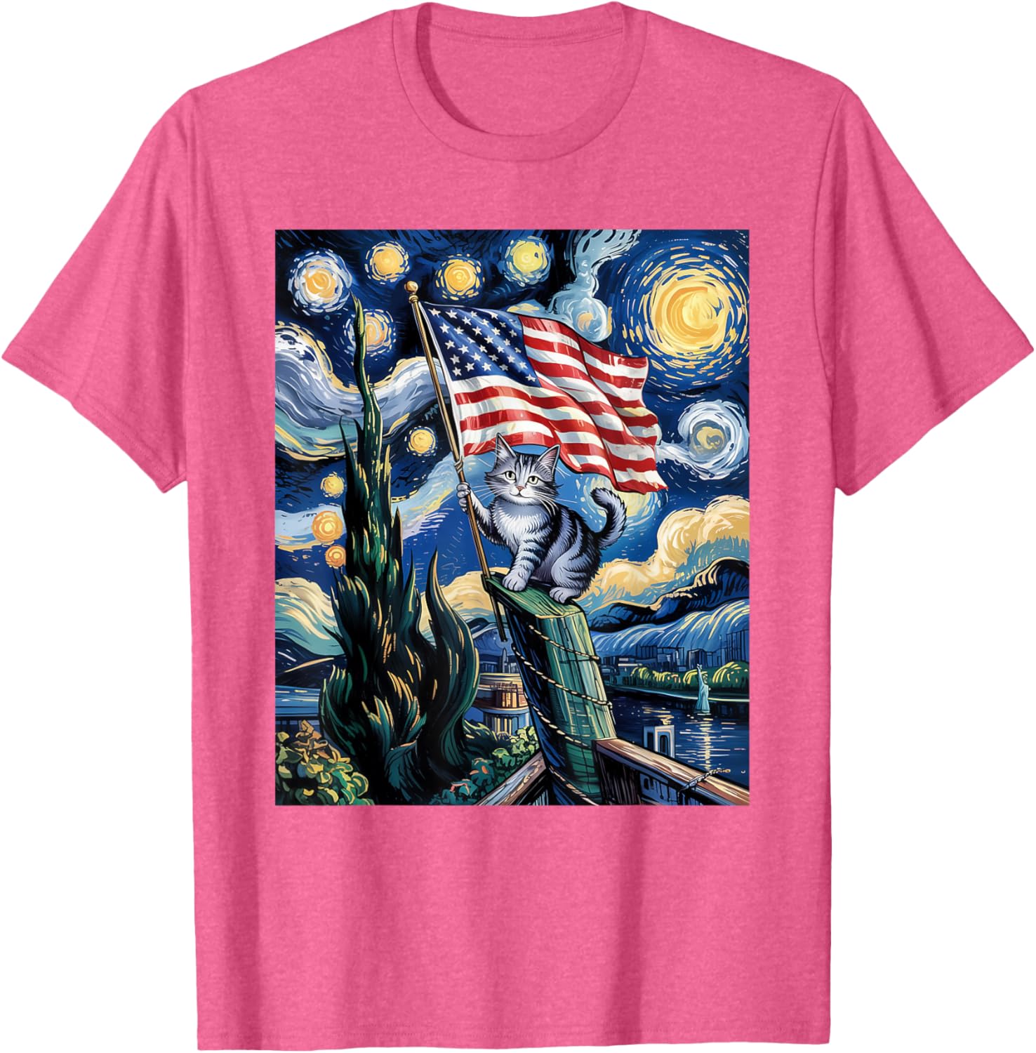 Starry Night Patriotic Cat T-Shirt for 4th of July Celebrate in Style - 2