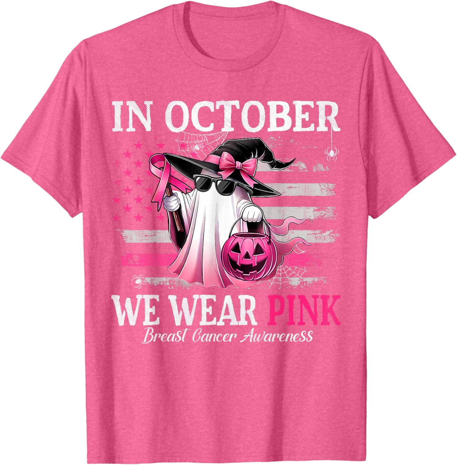 October Breast Cancer Awareness T-Shirt with Pink Ghost Witch Design - 3