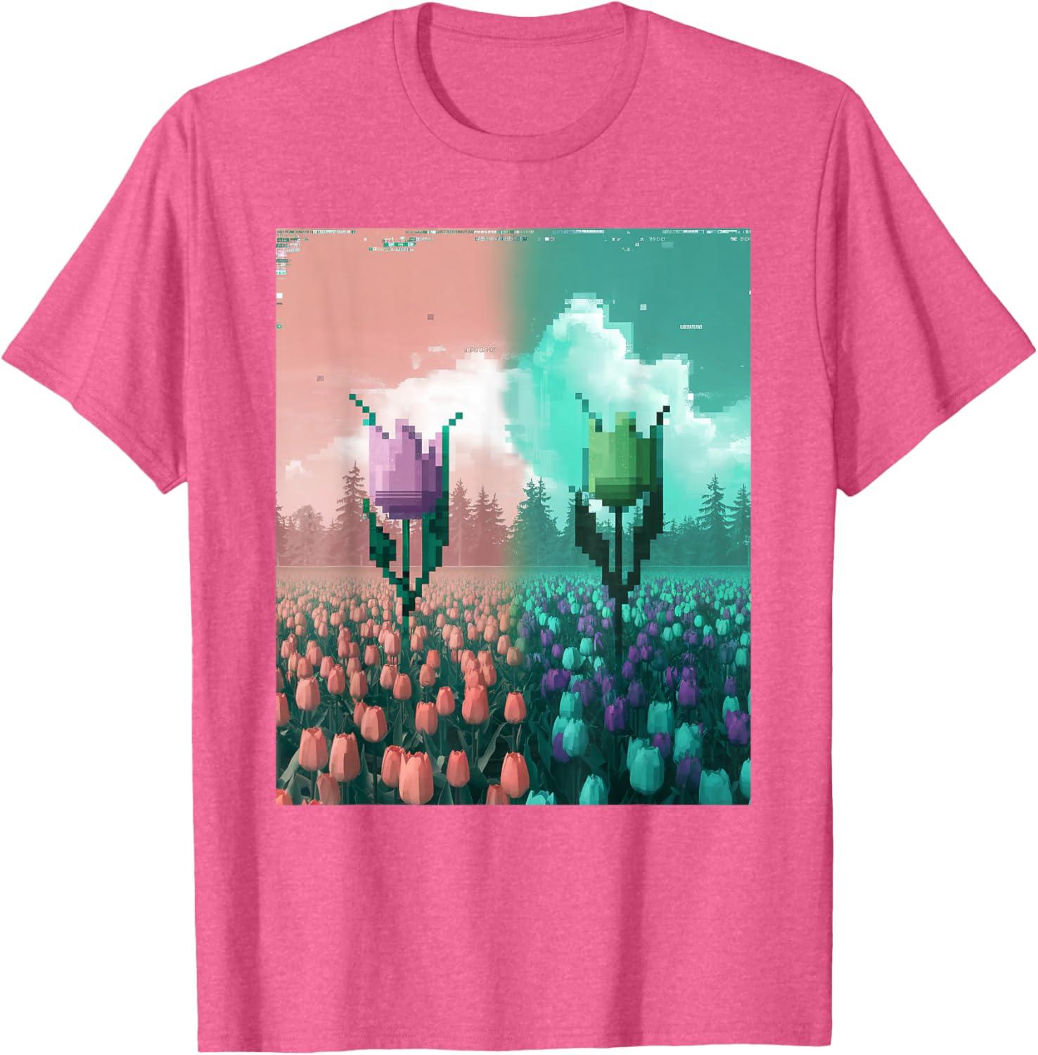 Pixel Tulip Retro Glitch Art T-Shirt for a Vibrant Easter Spring Look - 4