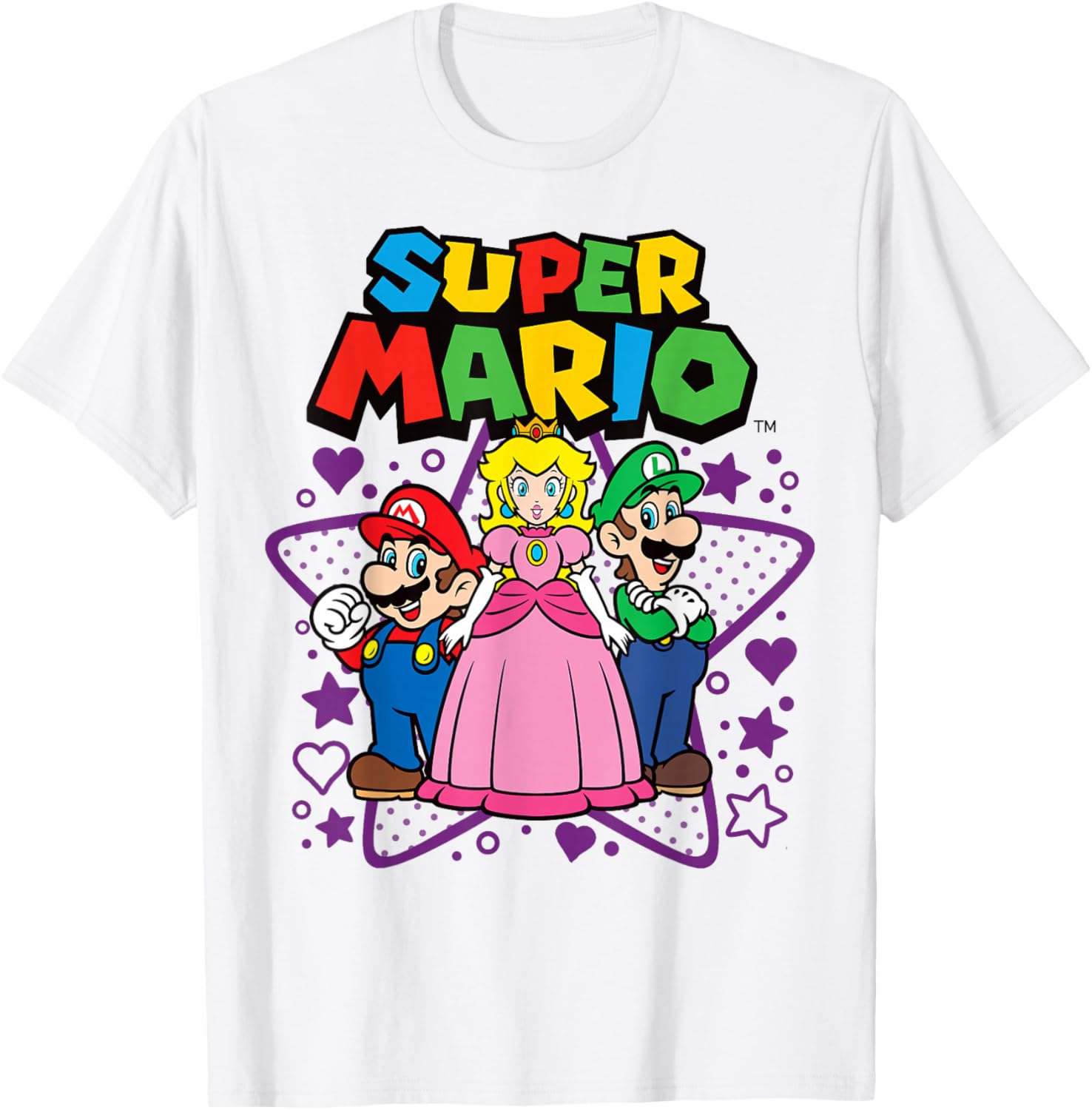 Super Mario Trio T-Shirt with Peach, Luigi, Stars, and Hearts Design - 2