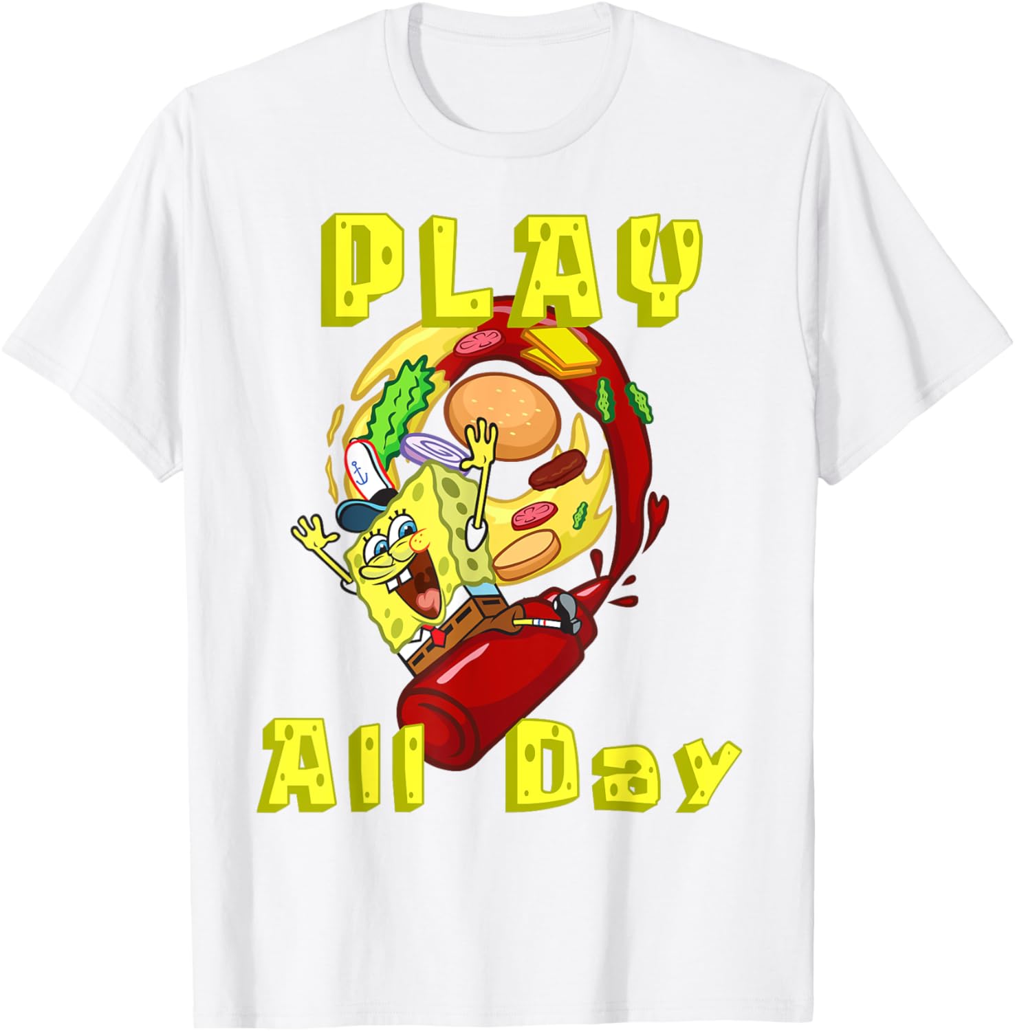 SpongeBob Play All Day T-Shirt with Fun Burger Ketchup Design - 5