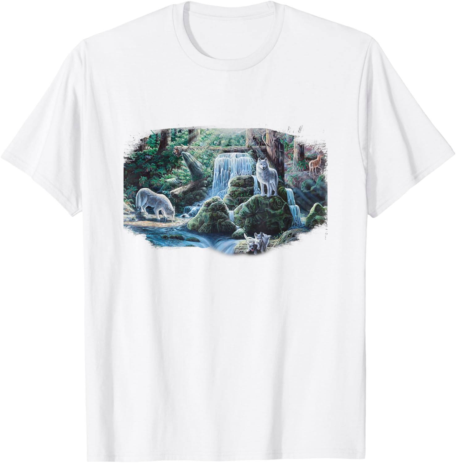 Wolf Art T-Shirt featuring Dakota Daetwiler's Wolves in Waterfall Design - 1