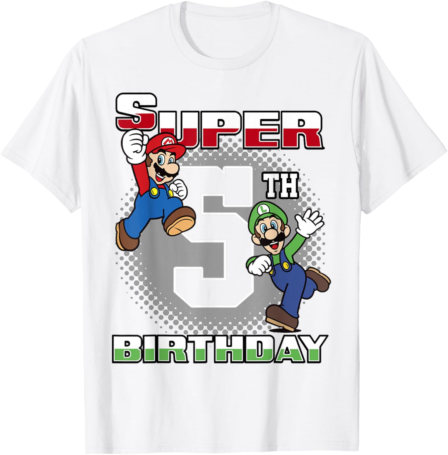 Super Mario Luigi 5th Birthday Portrait T-Shirt for Kids Fun Gift - 1