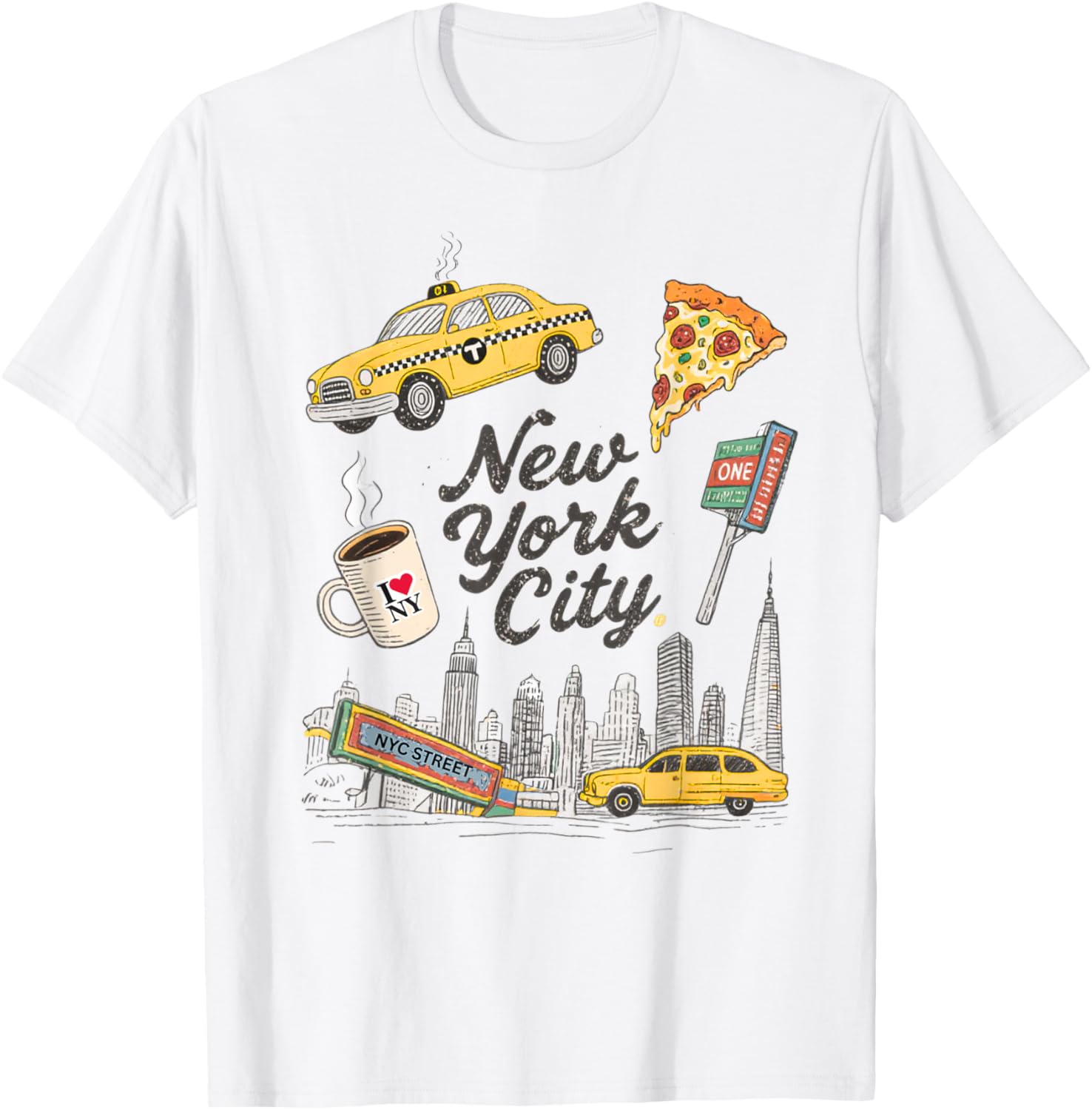 NYC Icons T-Shirt with Pizza Taxi and Skyline - Travel Souvenir Wear - 1